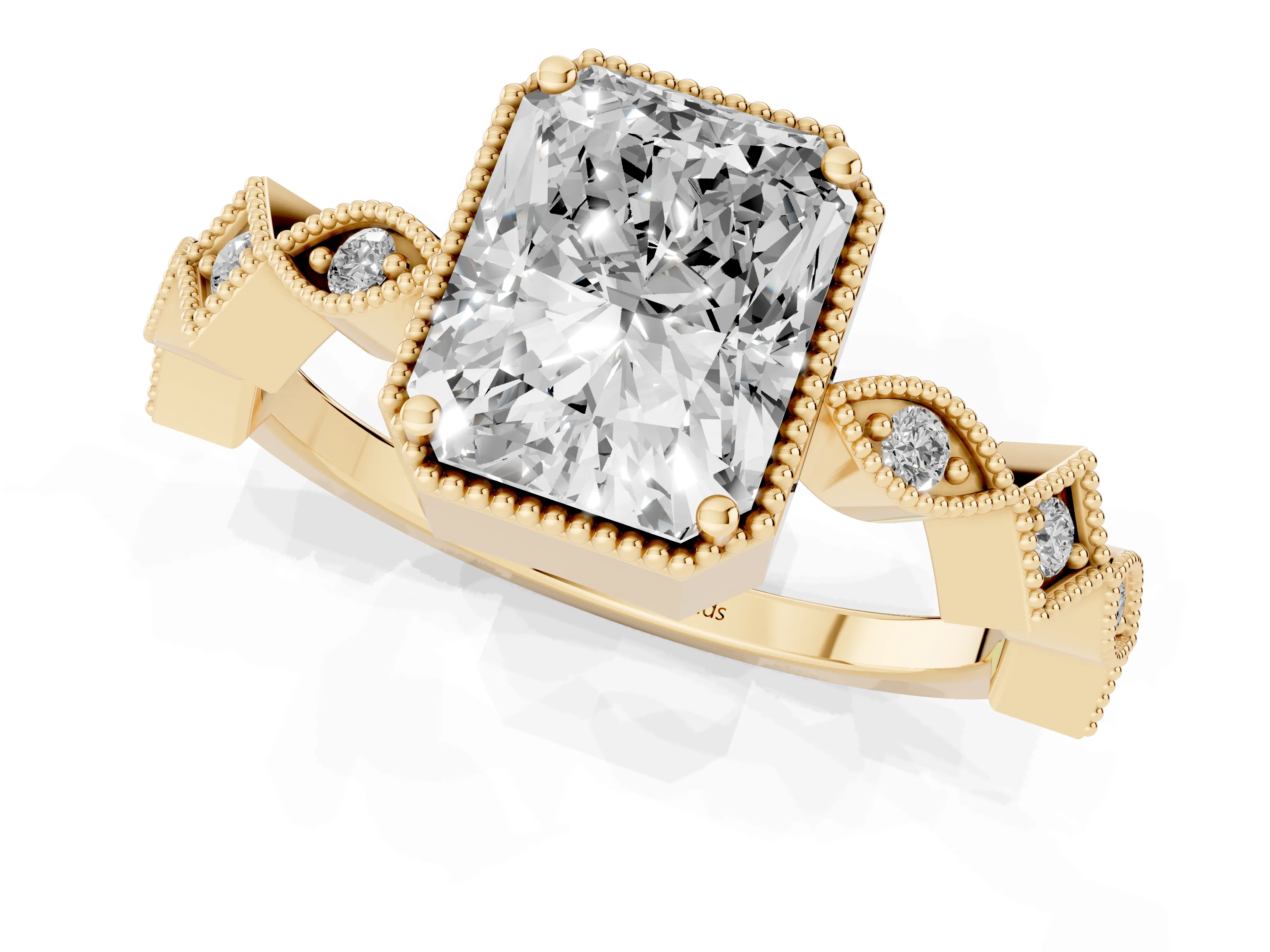 Radiant Cut Diamond Milgrain Marquise Twist Band Ring Set in Yellow gold with Prong Setting