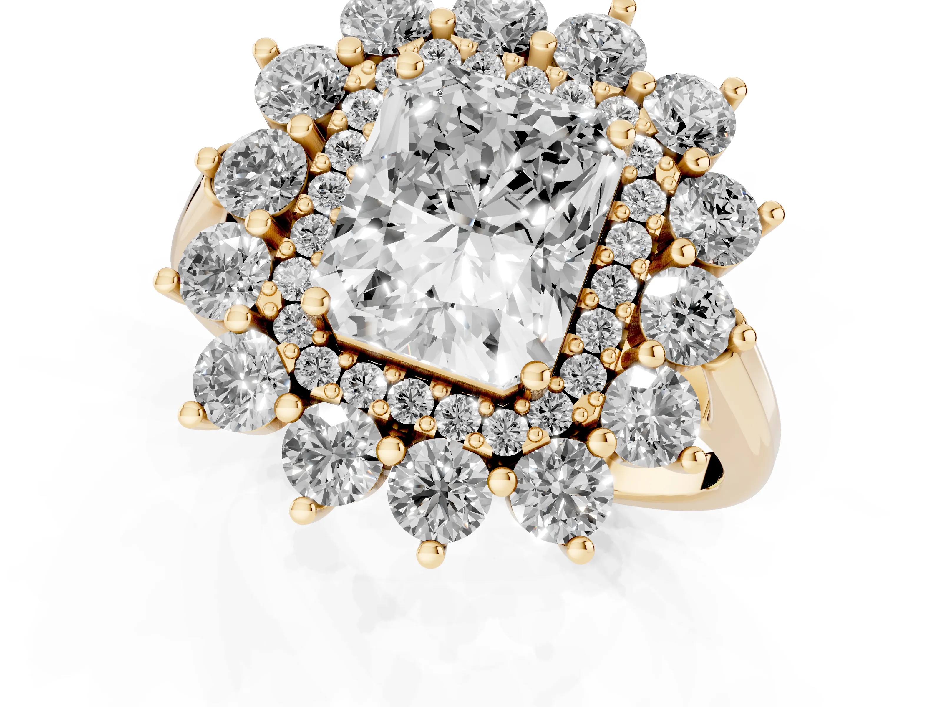 Radiant Cut Diamond Floral Double Halo Ring Set in Yellow gold with Round Petals