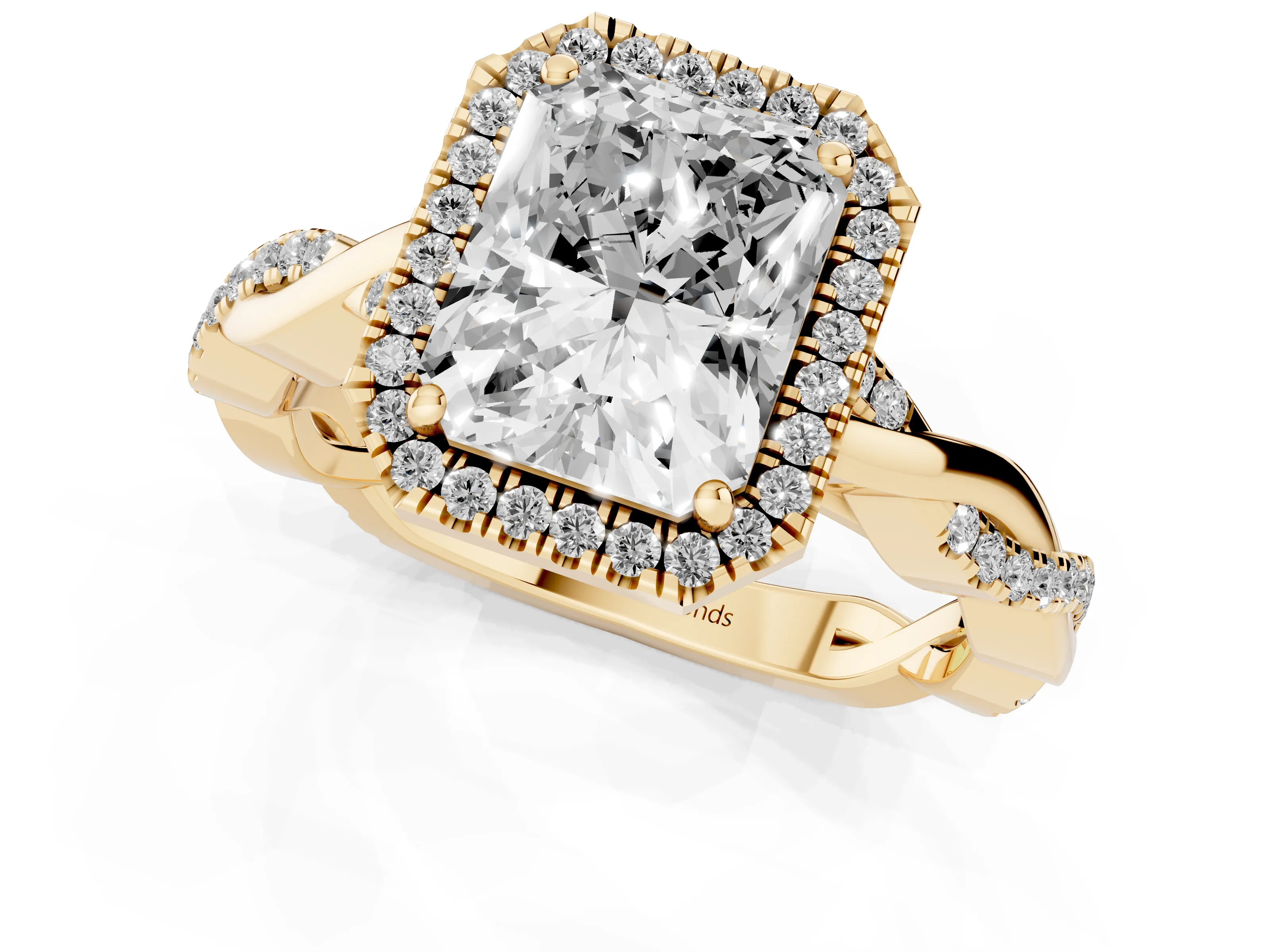 Radiant Cut Diamond Halo Twisted Band Ring Set in Yellow gold with Prong Setting