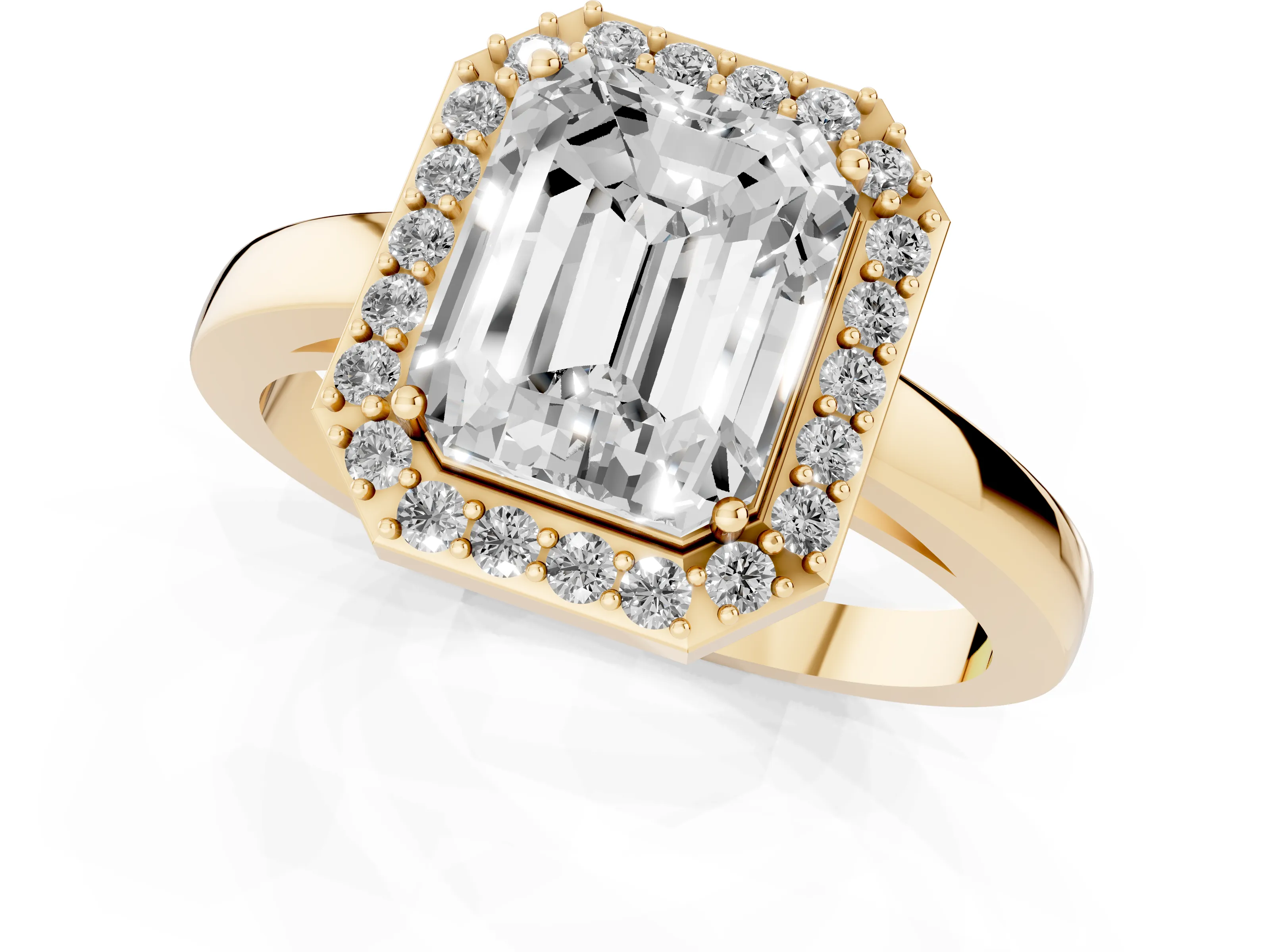 Radiant Cut Diamond Halo Ring Set in Yellow gold with Solitaire Band and Prong Setting
