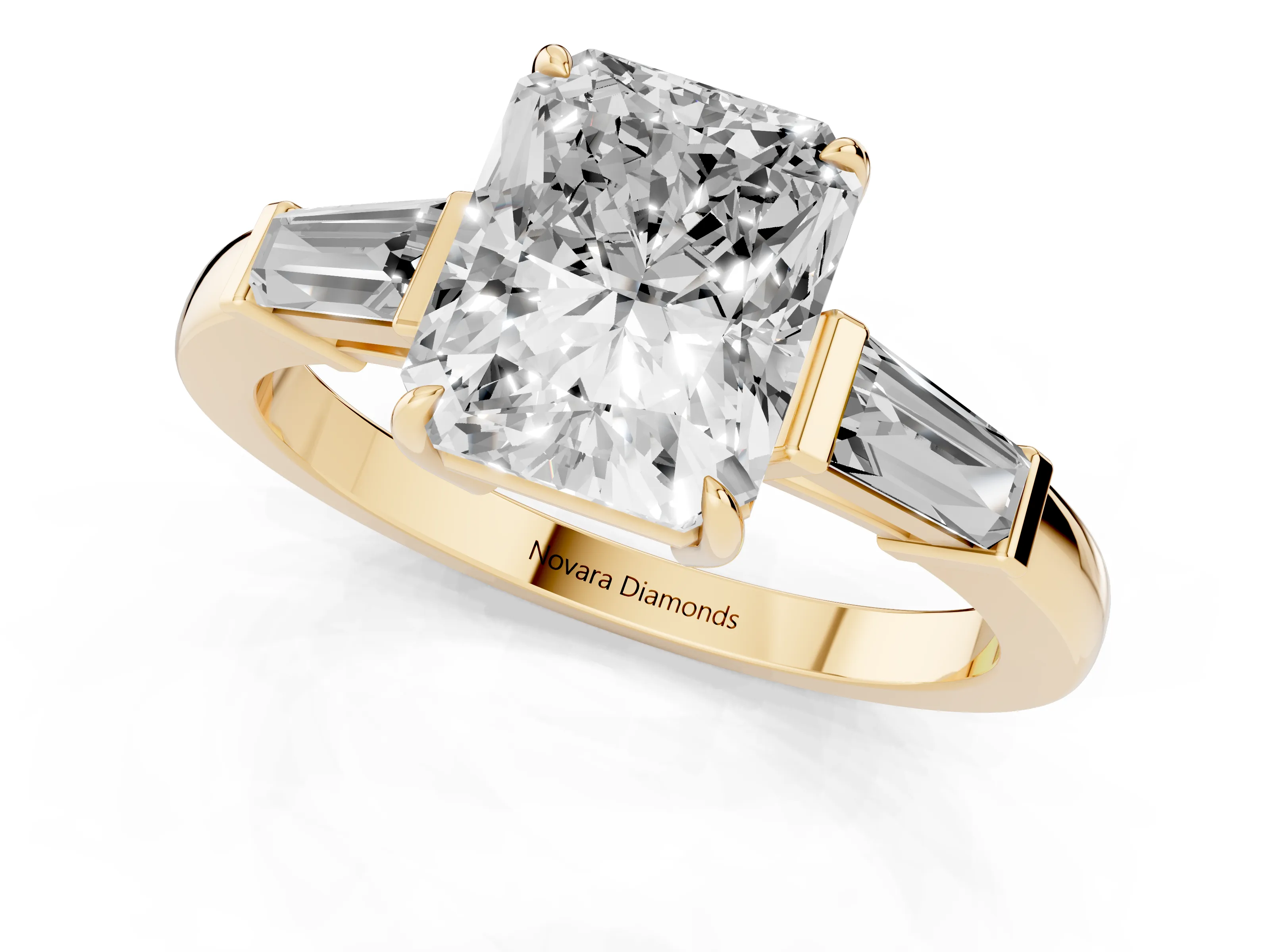 Radiant Cut Diamond Three-Stone Ring Set in Yellow gold with Tapered Baguette Side Stones and Prong Setting
