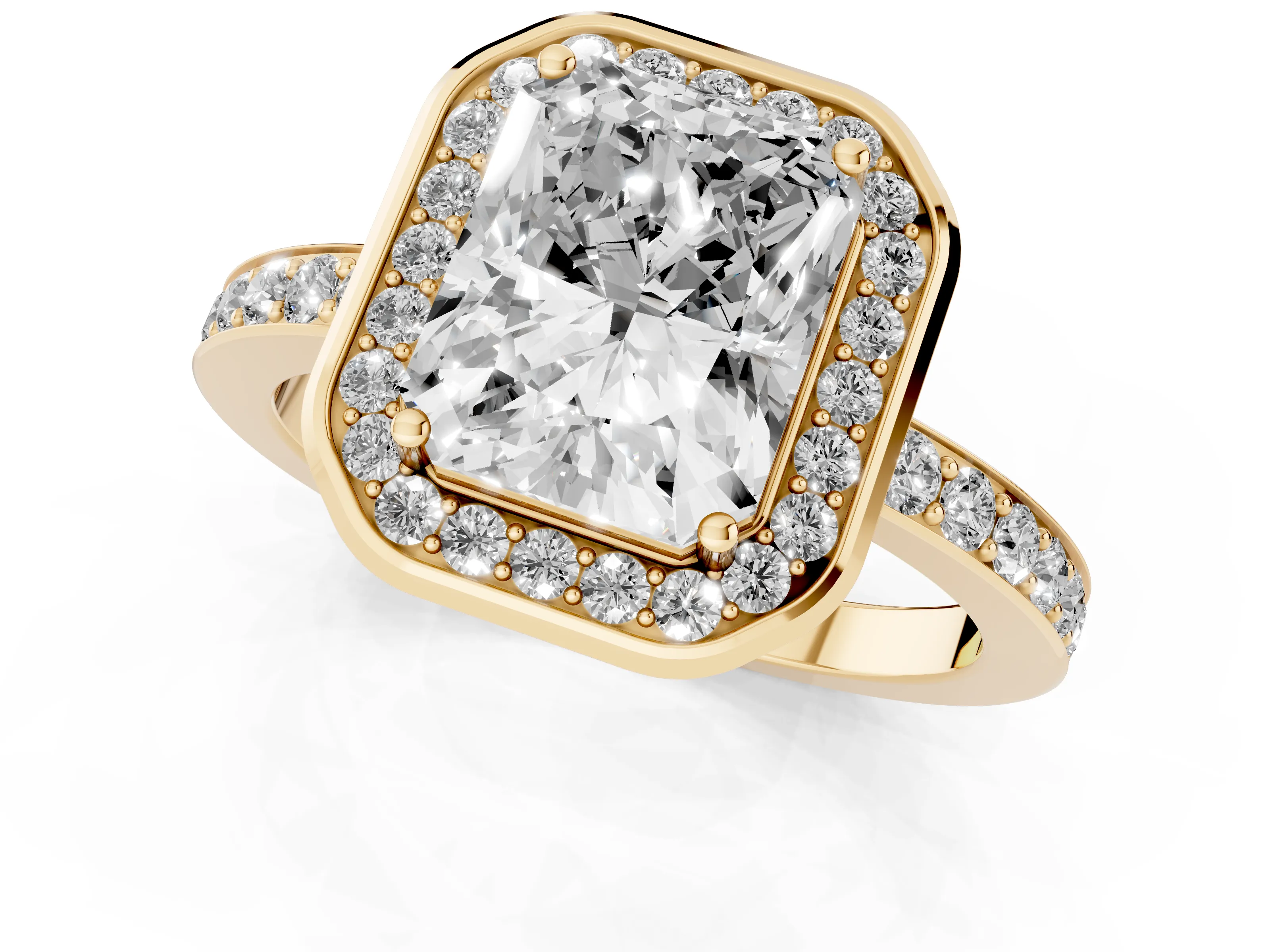 Radiant Cut Diamond Halo Ring Set in Yellow gold with Bezel Frame and Pavé Band