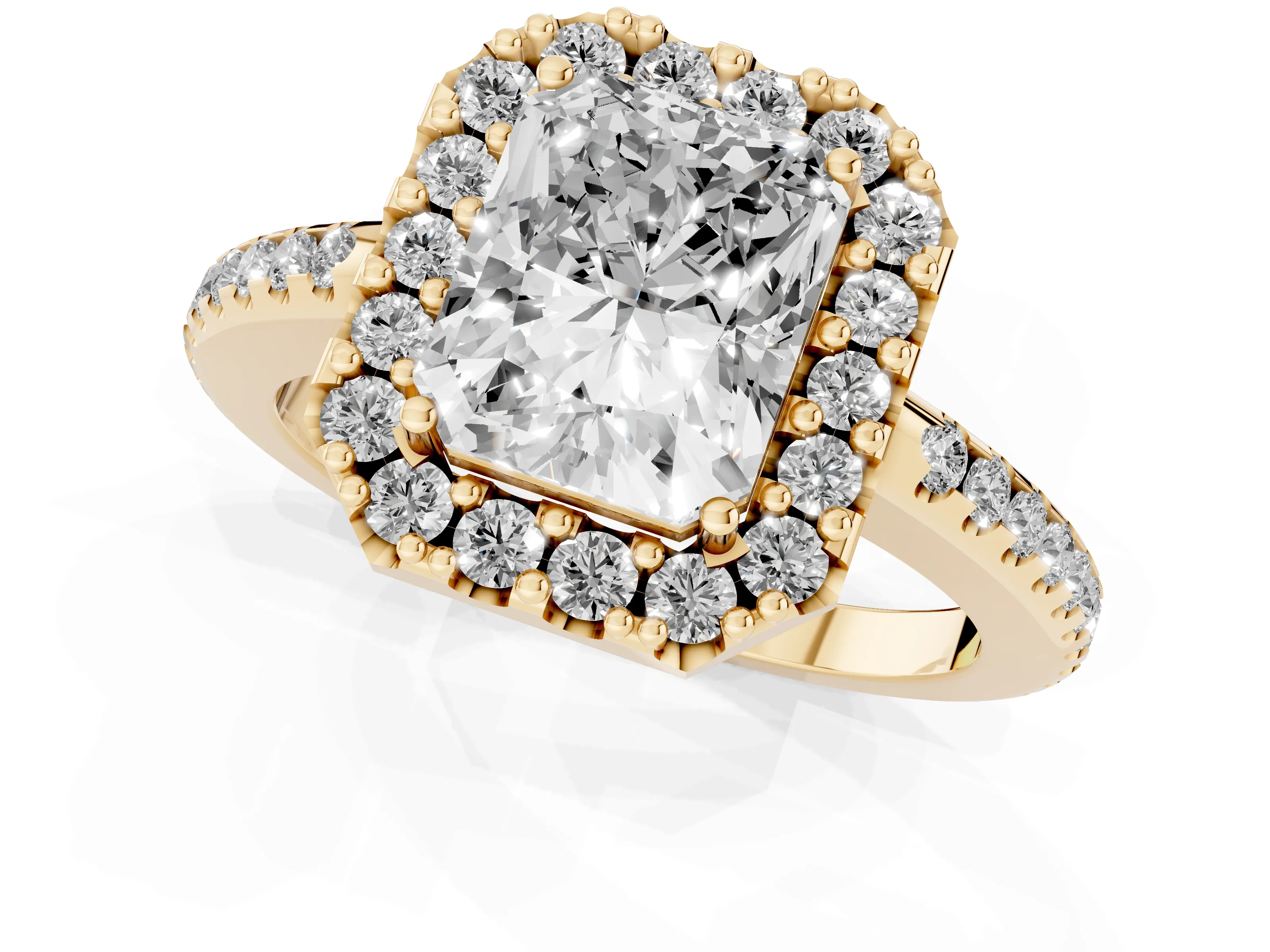 Radiant Cut Diamond Pavé Halo Ring Set in Yellow gold with Prong Setting