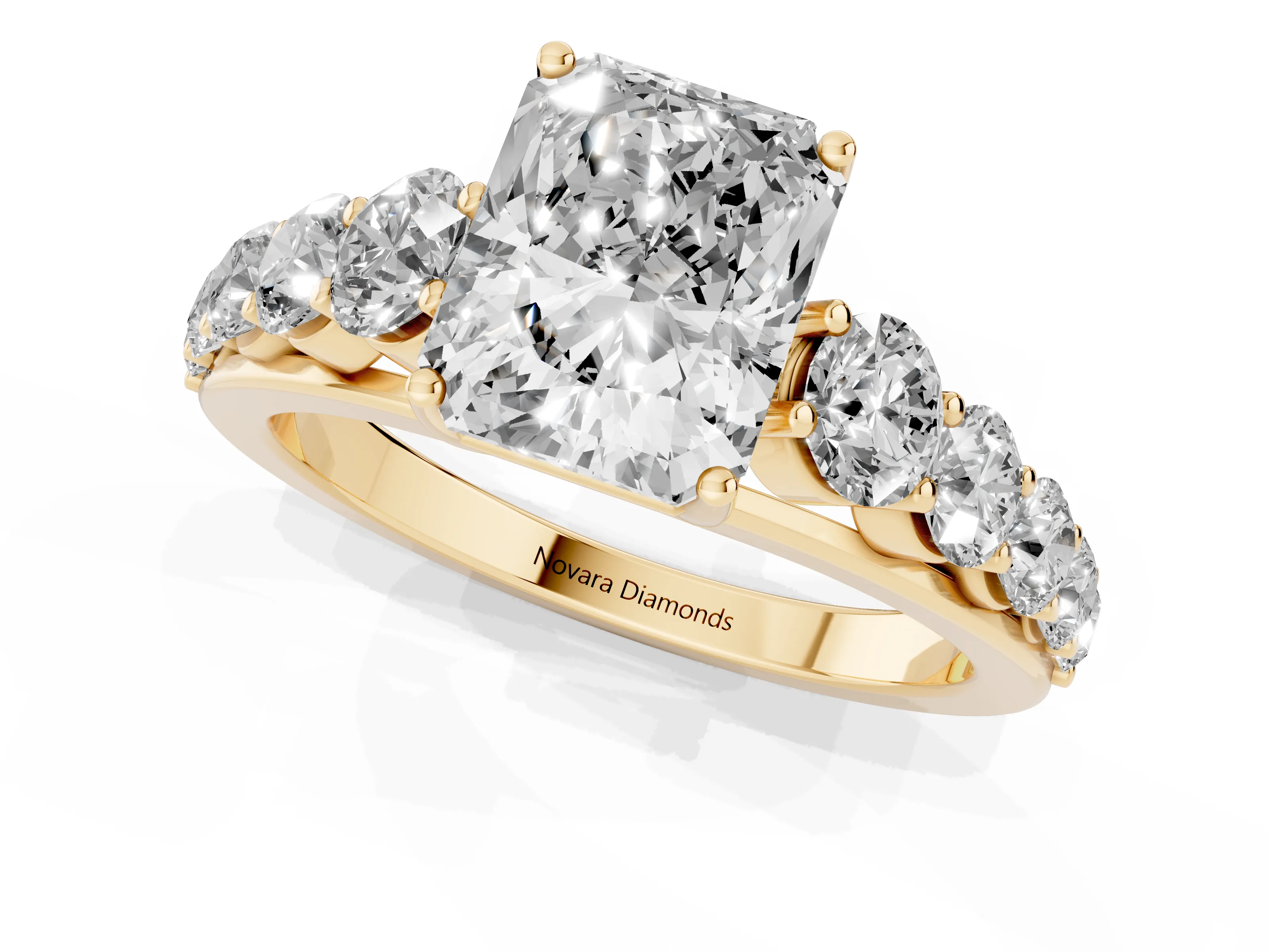 Radiant Cut Diamond Solitaire Ring Set in Yellow gold with Pavé-Set Band and Prong Setting