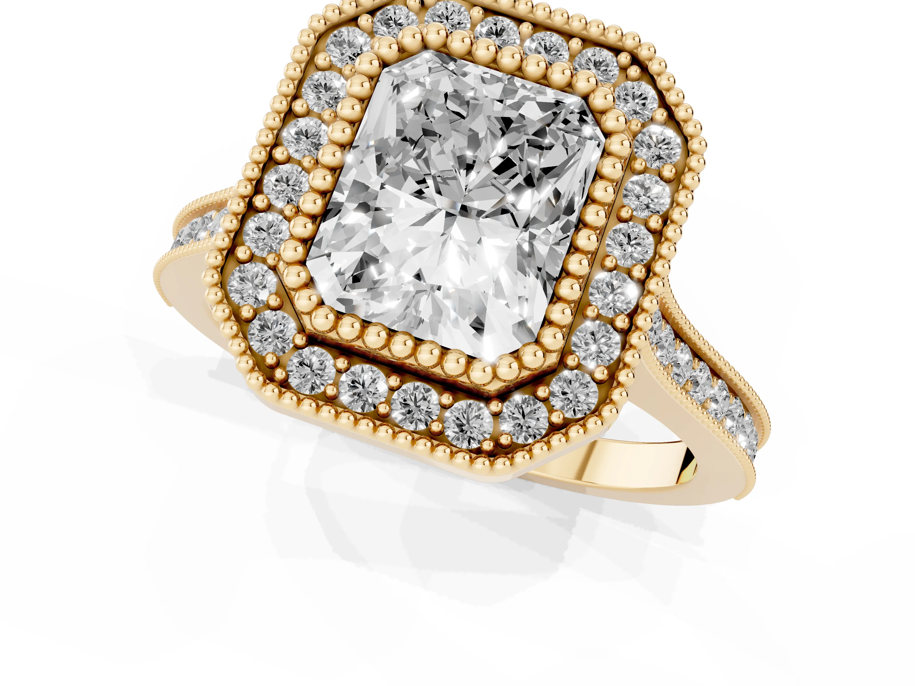 Radiant Cut Diamond Halo Ring Set in Yellow gold with Milgrain Frame and Pavé Band