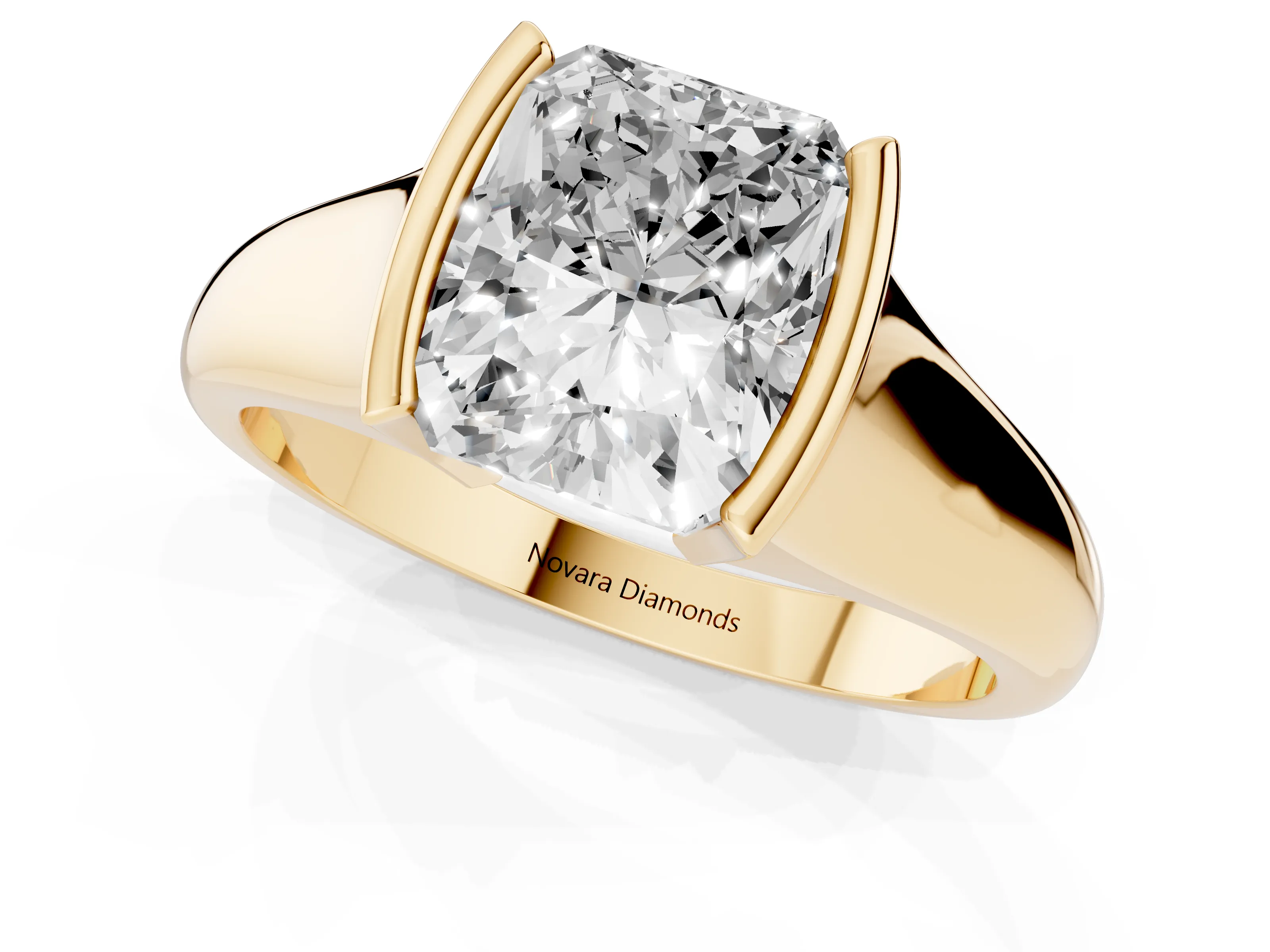 Radiant Cut Diamond Solitaire Tension Set Ring Set in Yellow gold with Split Shank Band – second view