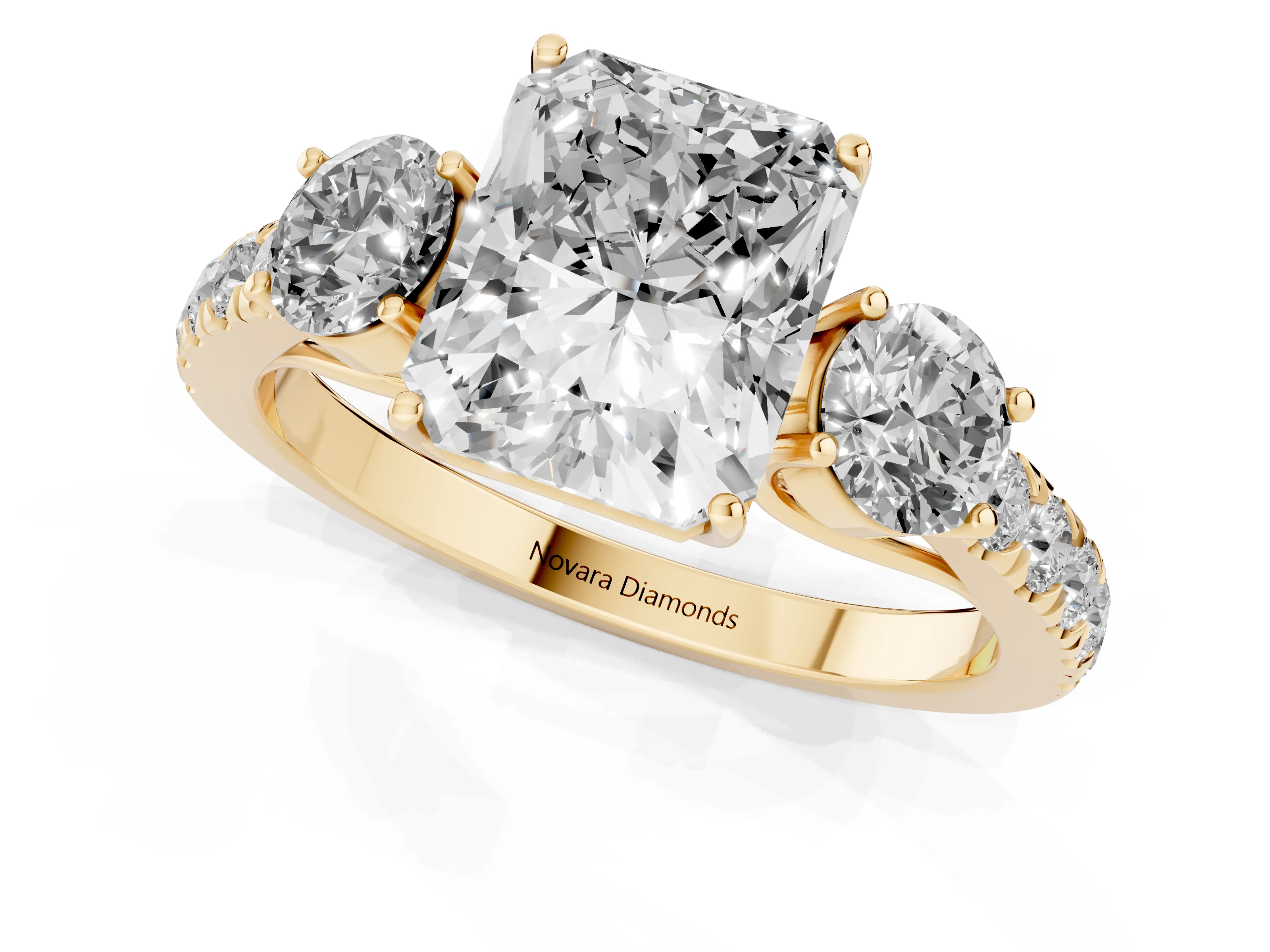 Radiant Cut Diamond Three-Stone Ring Set in Yellow gold with Round Side Stones and Delicate Pavé Band