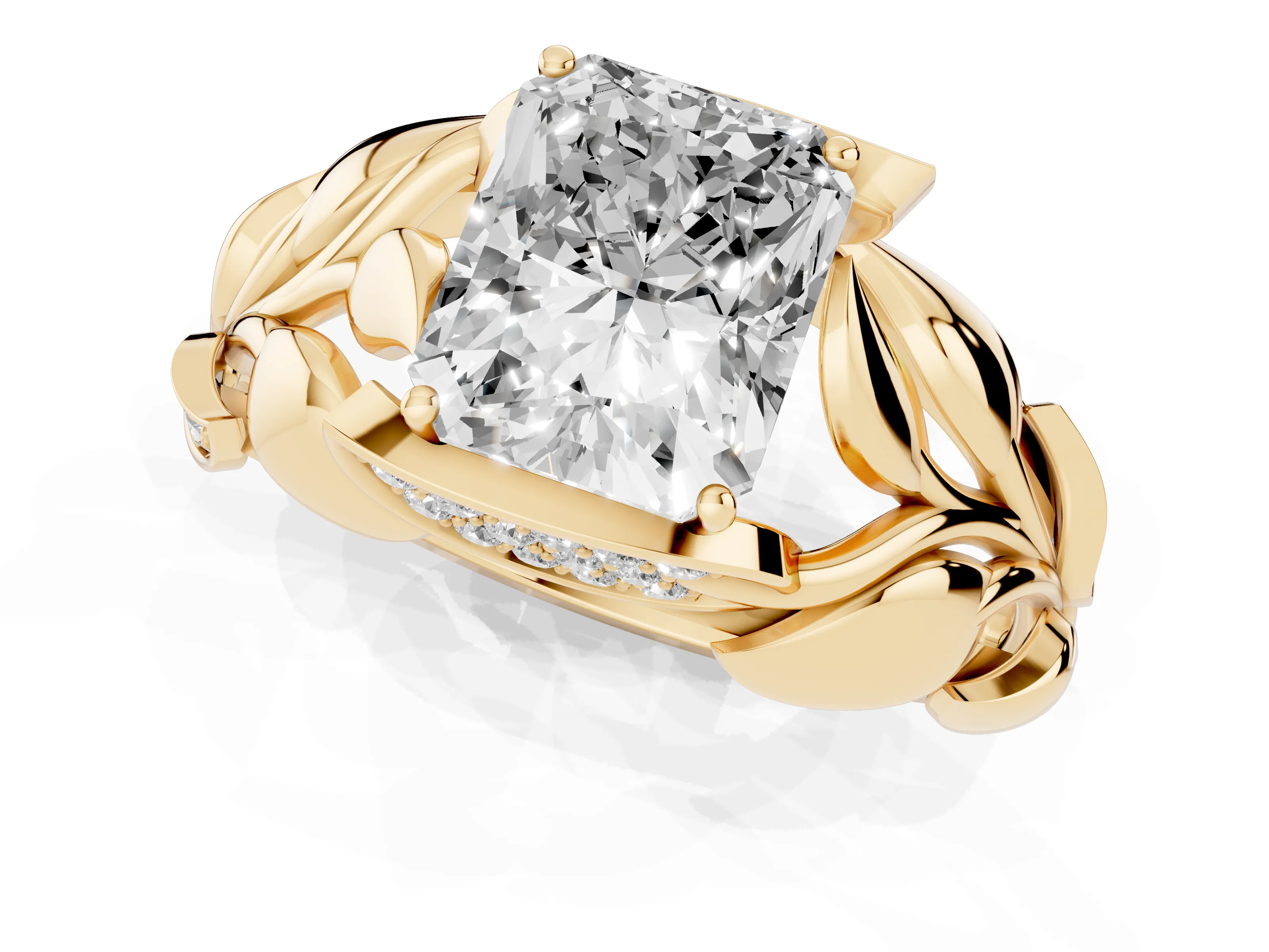 Radiant Cut Diamond Leaf-Inspired Engagement Ring Set in Yellow gold with Round Accents