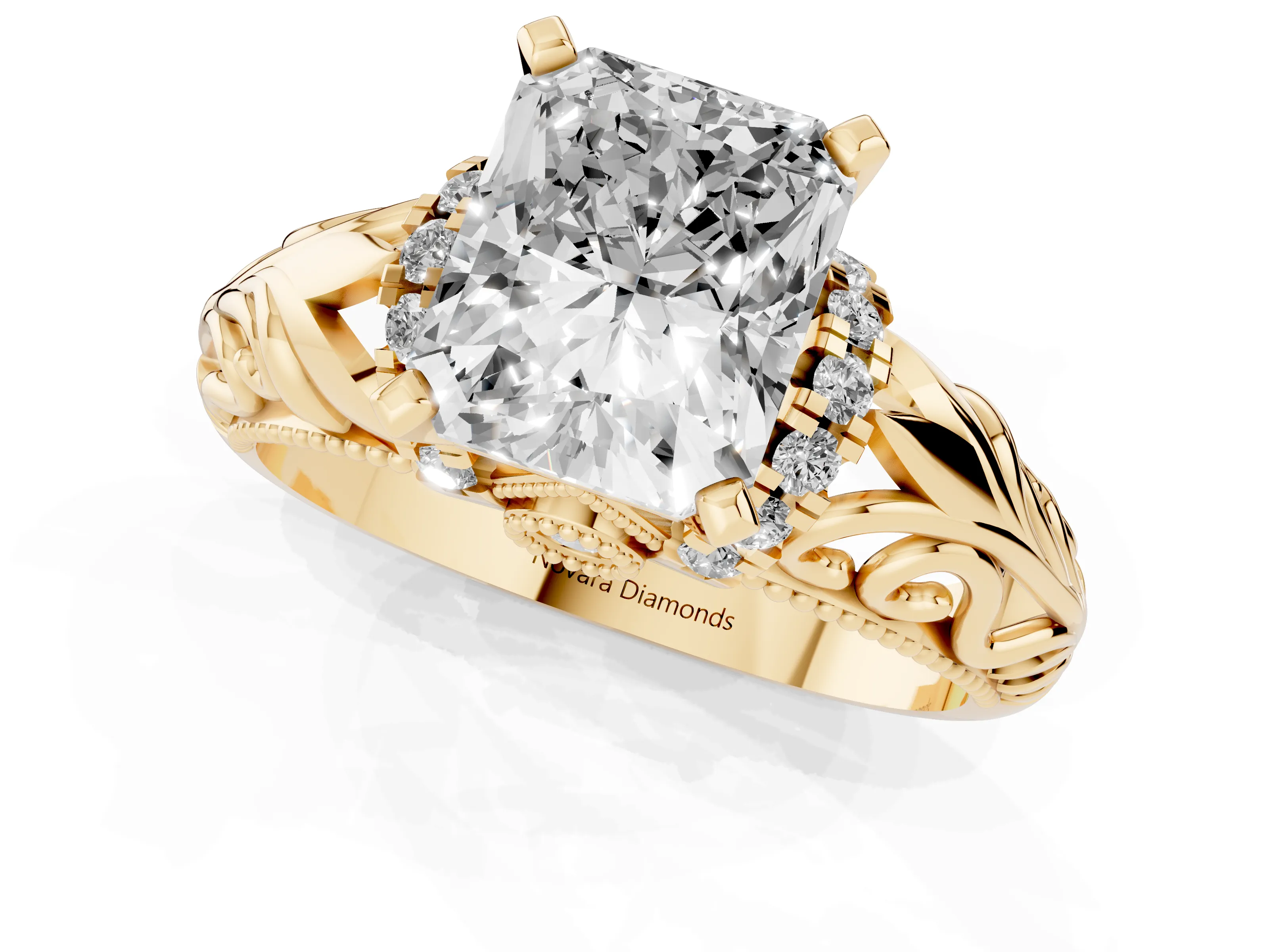 Radiant Cut Diamond Filigree Halo Engagement Ring Set in Yellow gold with Prong Setting