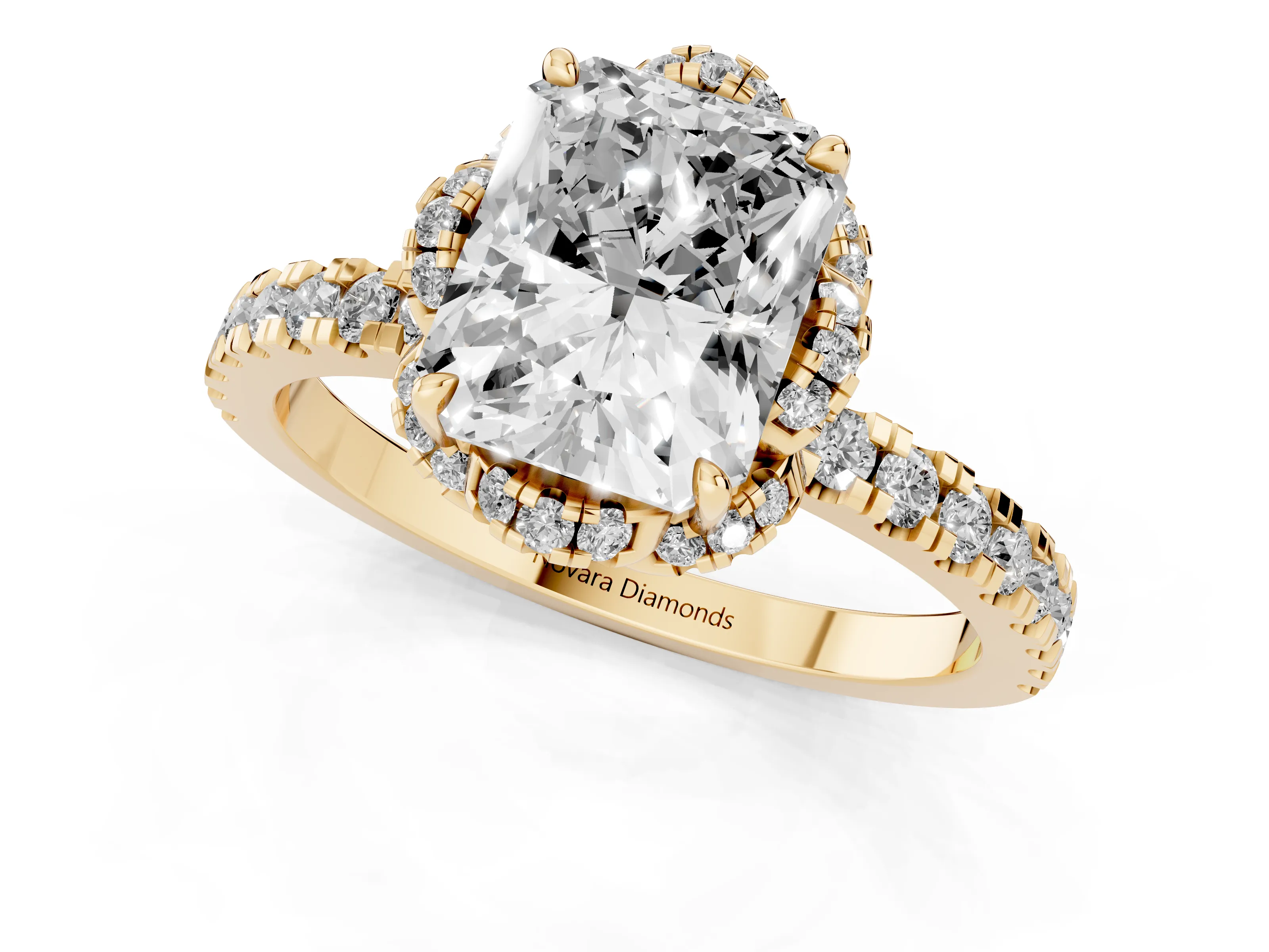 Radiant Cut Diamond Halo Pavé Band Ring Set in Yellow gold with Prong-Held Center