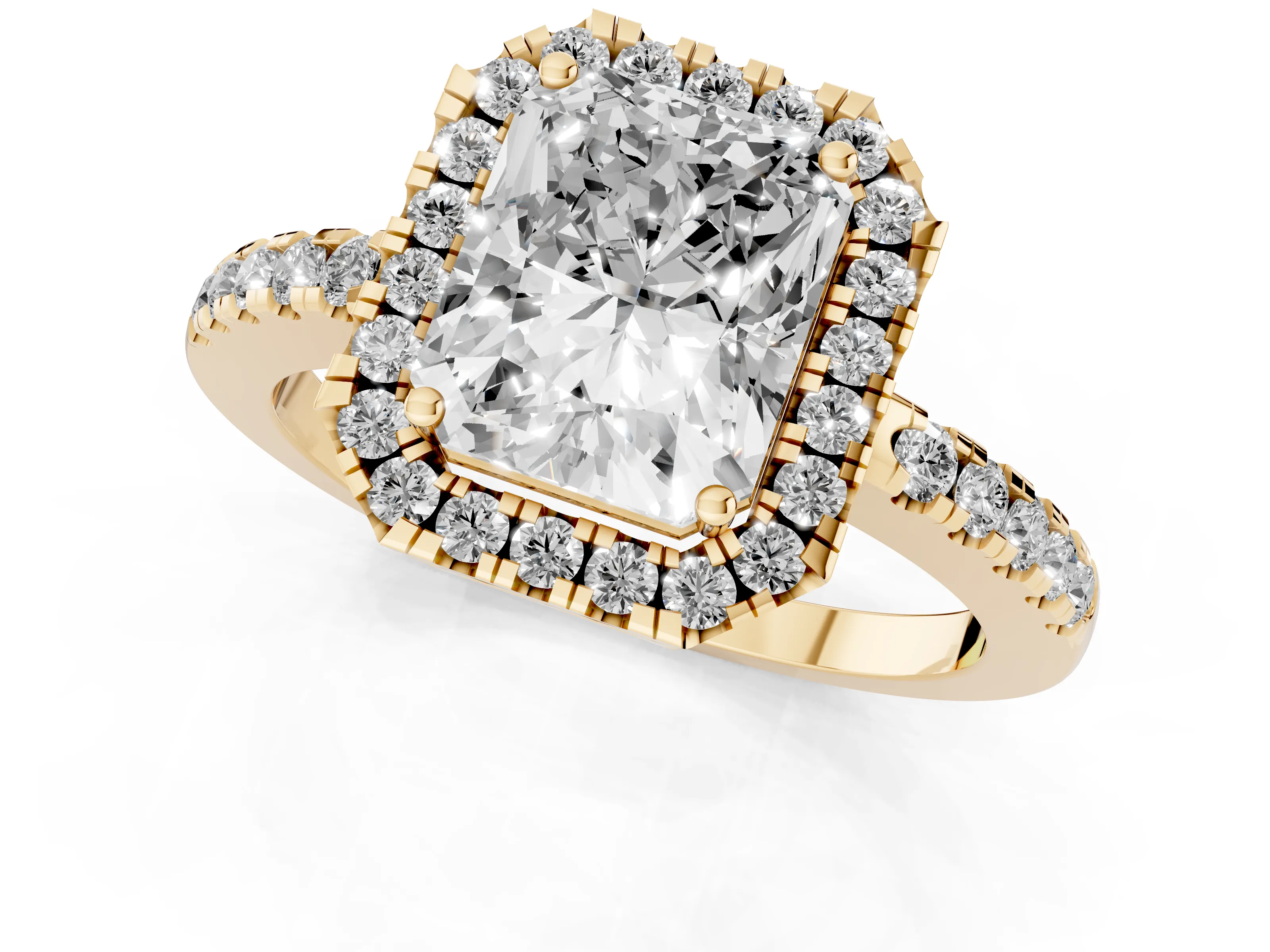 Radiant Cut Diamond Pavé Band Halo Engagement Ring Set in Yellow gold with Prong Setting