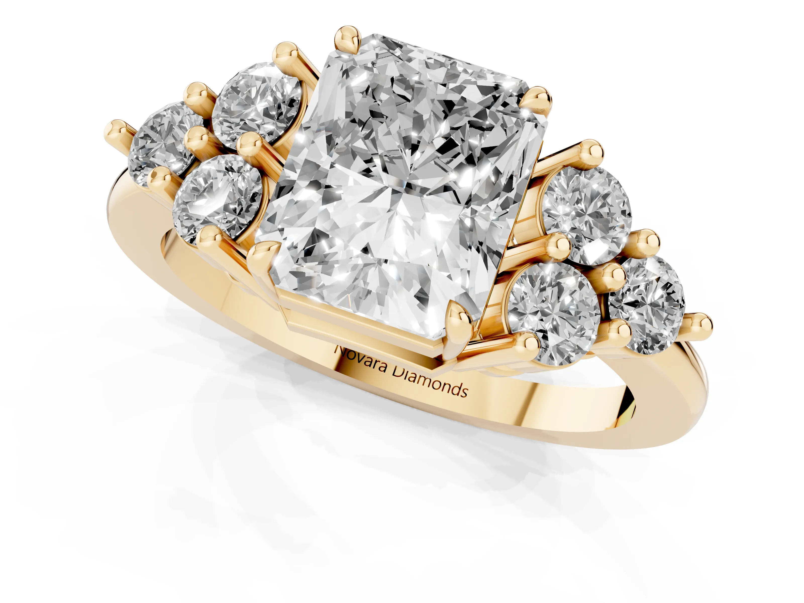 Radiant Cut Diamond Solitaire Ring Set in Yellow gold with Cluster Accents on Each Side