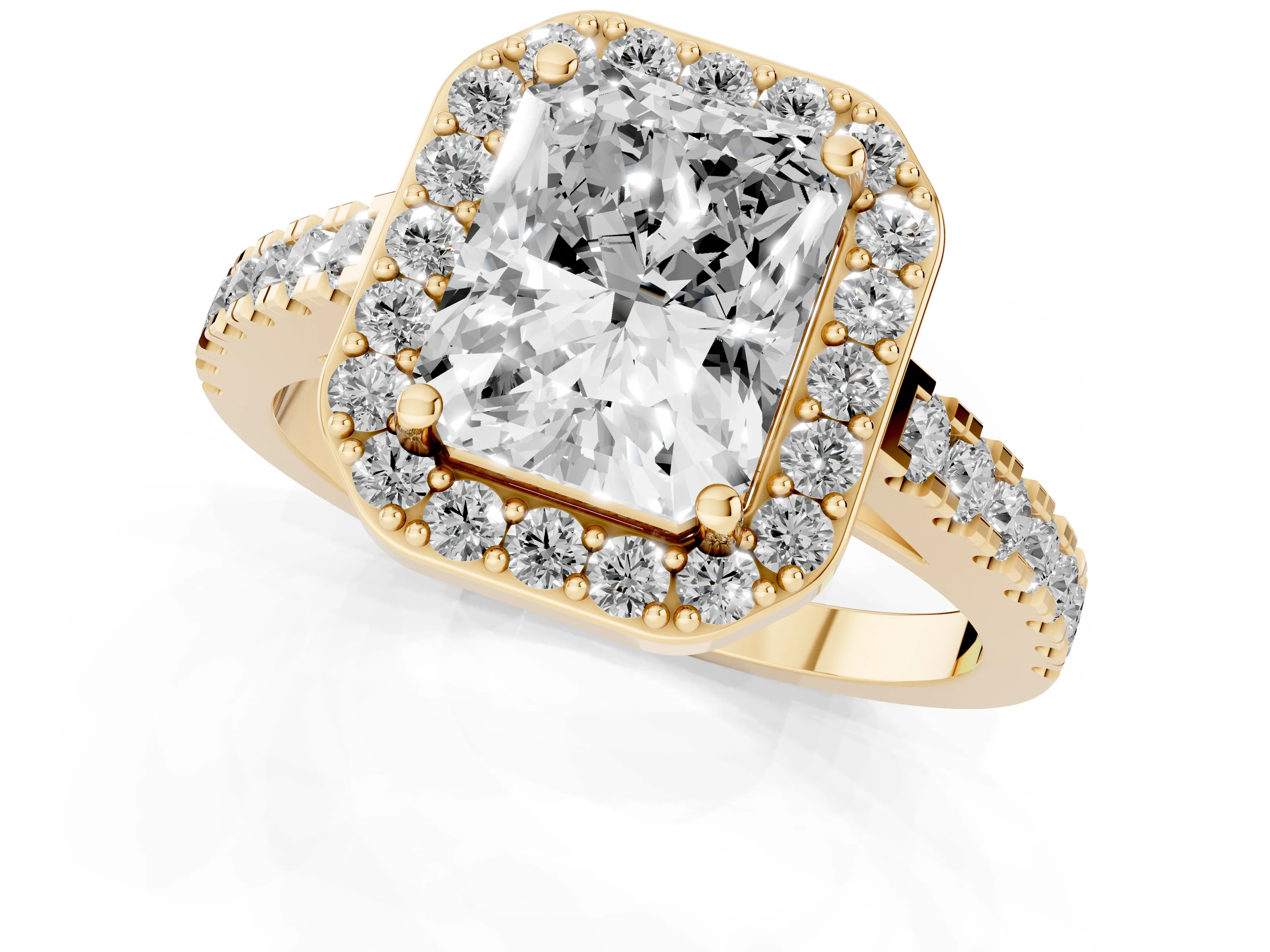 Radiant Cut Diamond Halo Ring Set in Yellow gold with Round Pavé Split Shank and Prong Setting