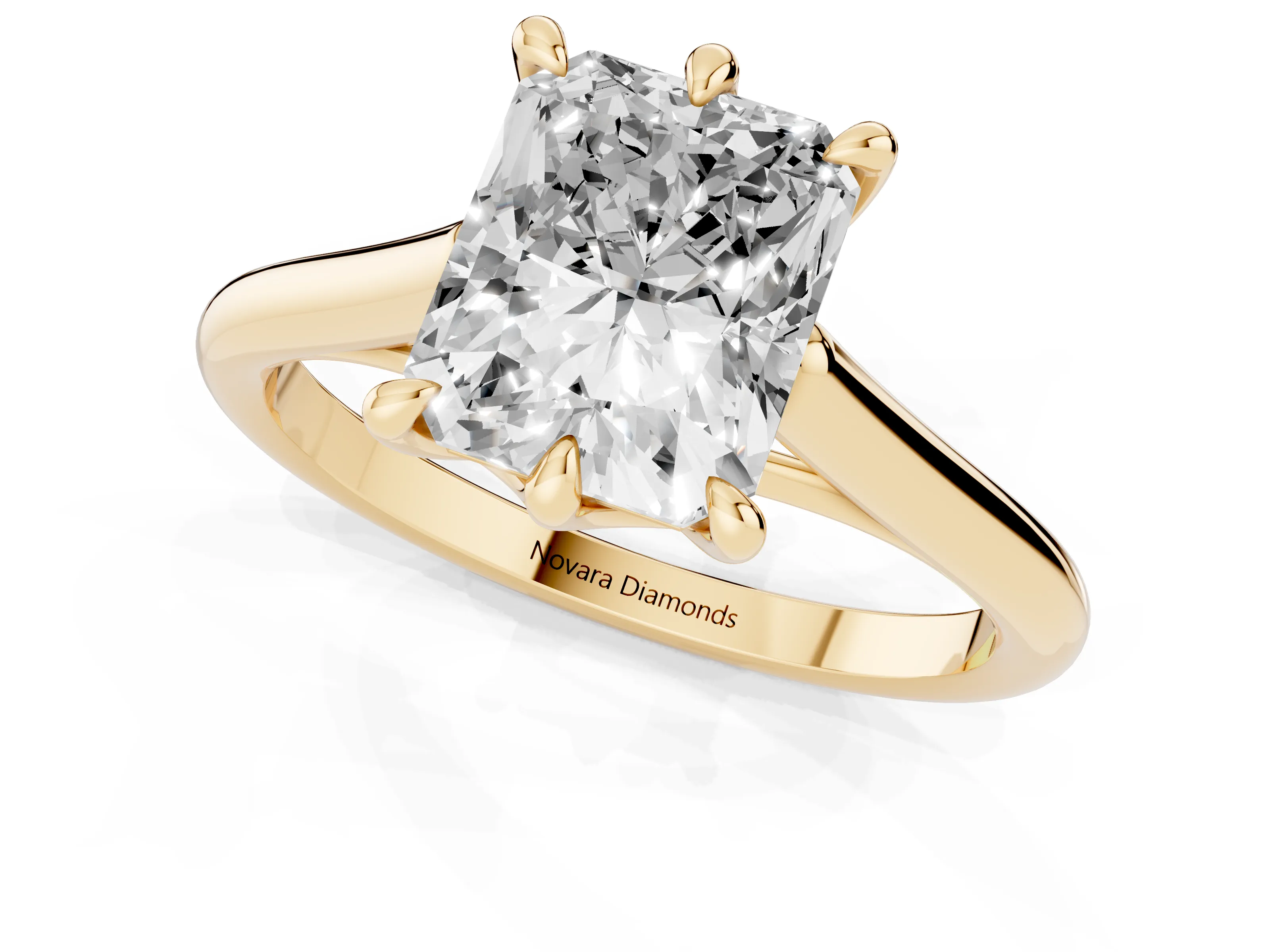 Radiant Cut Diamond Solitaire Engagement Ring Set in Yellow gold with Prong Setting and Plain Classic Band