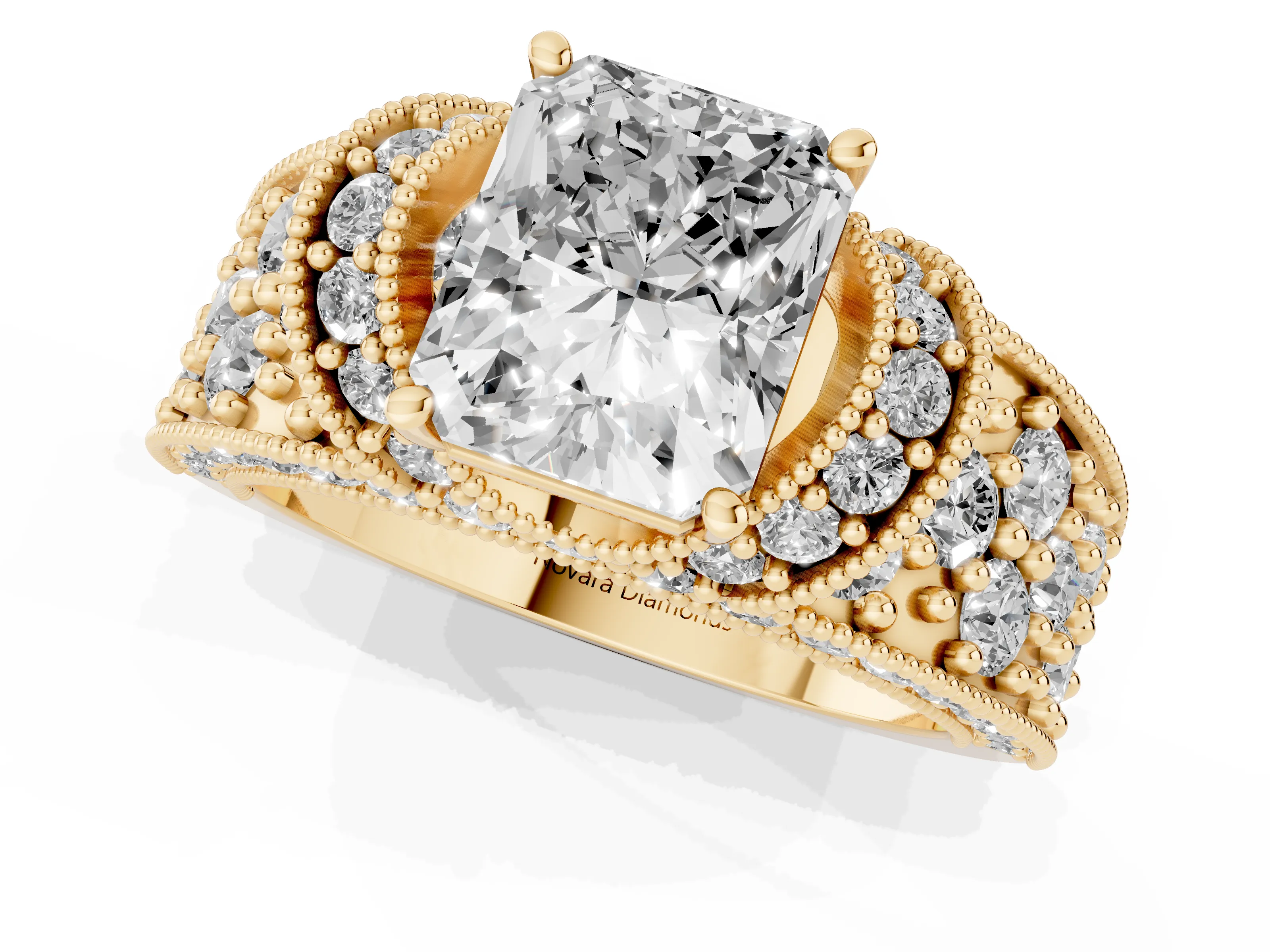 Radiant Cut Diamond Milgrain Halo Pavé Engagement Ring Set in Yellow gold with Prong Setting
