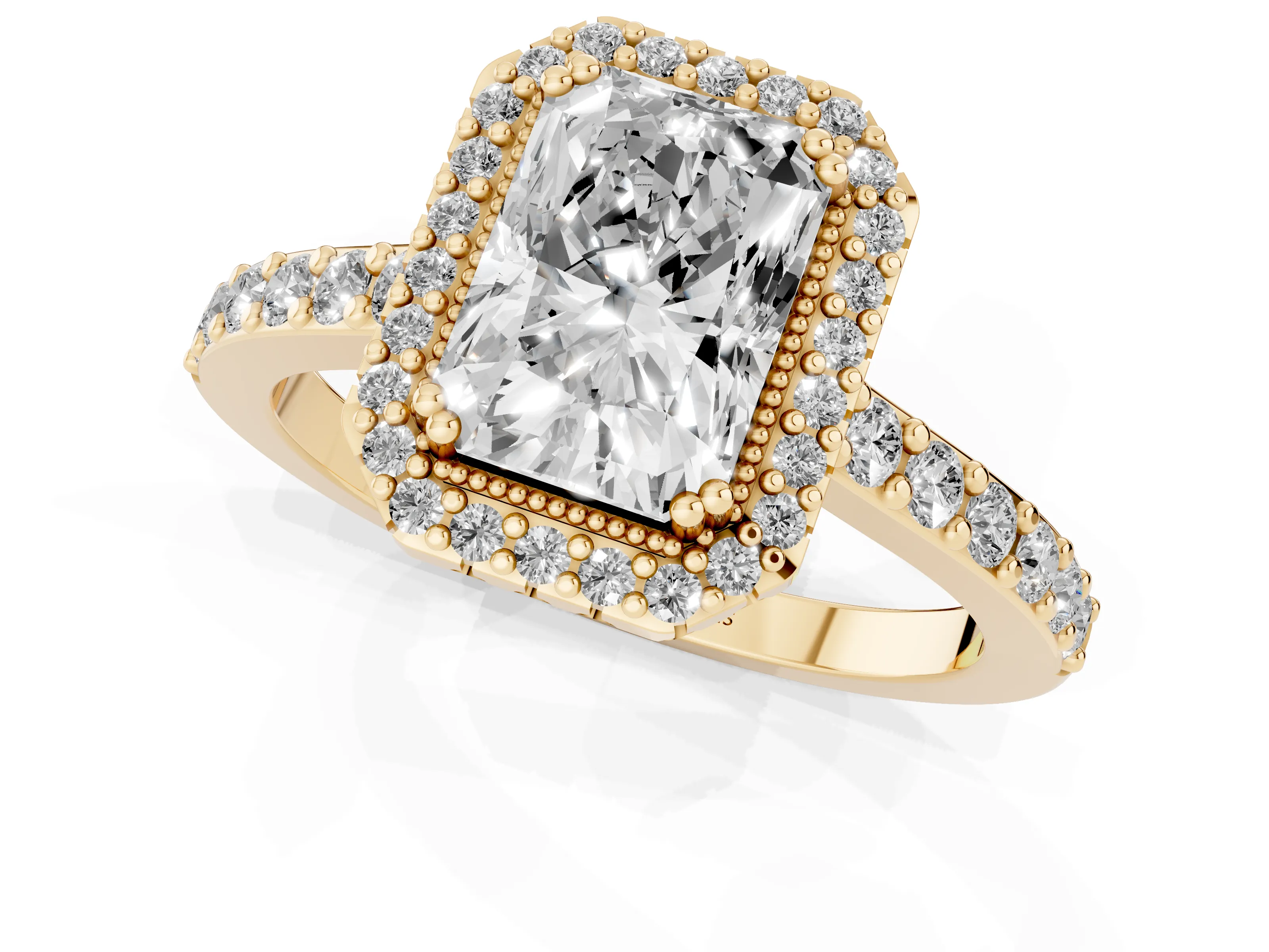 Radiant Cut Diamond Halo Engagement Ring Set in Yellow gold with Milgrain Detail and Pavé Band