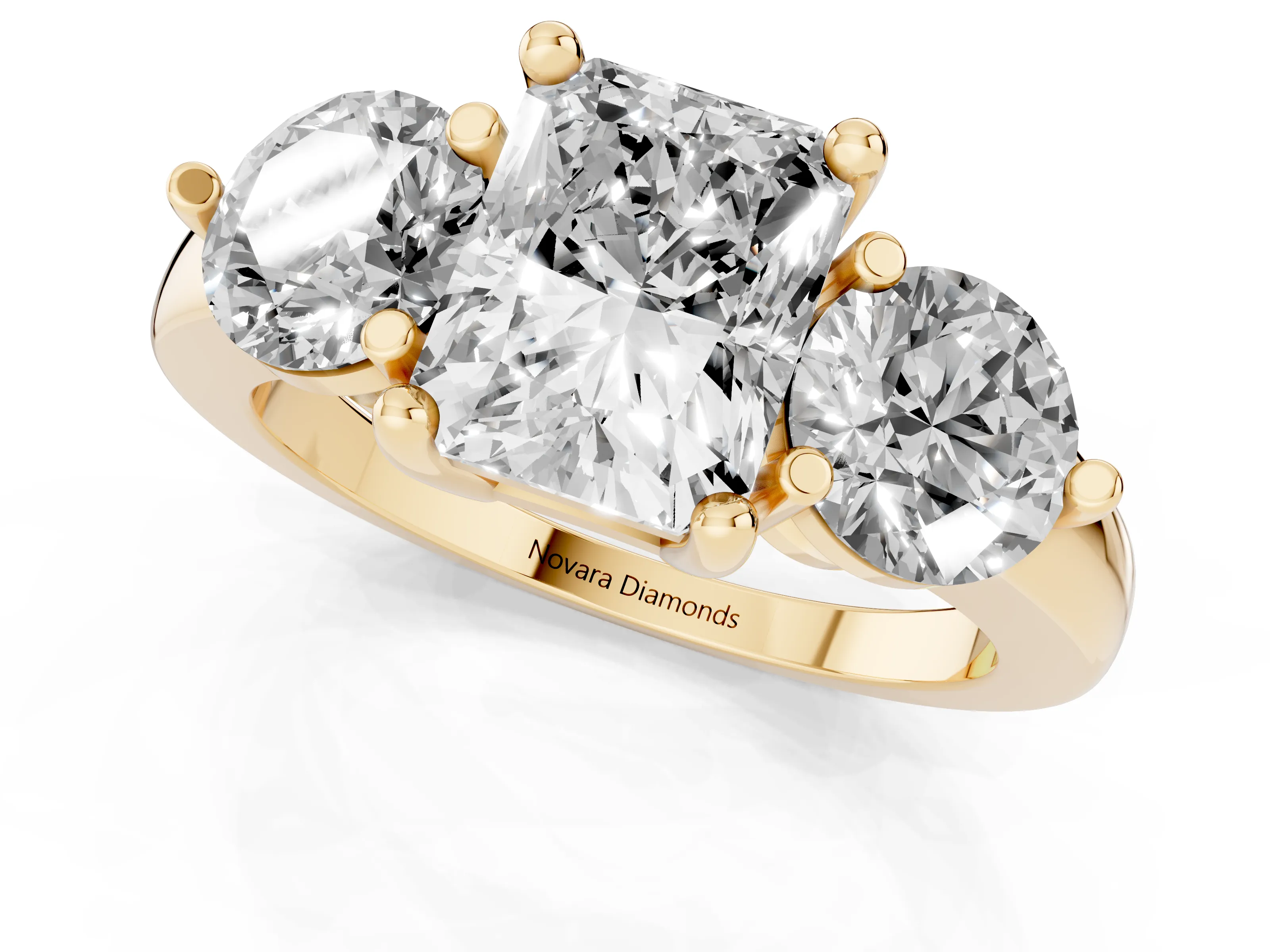 Radiant Cut Diamond Three-Stone Ring Set in Yellow gold with Prong Setting and Classic Band