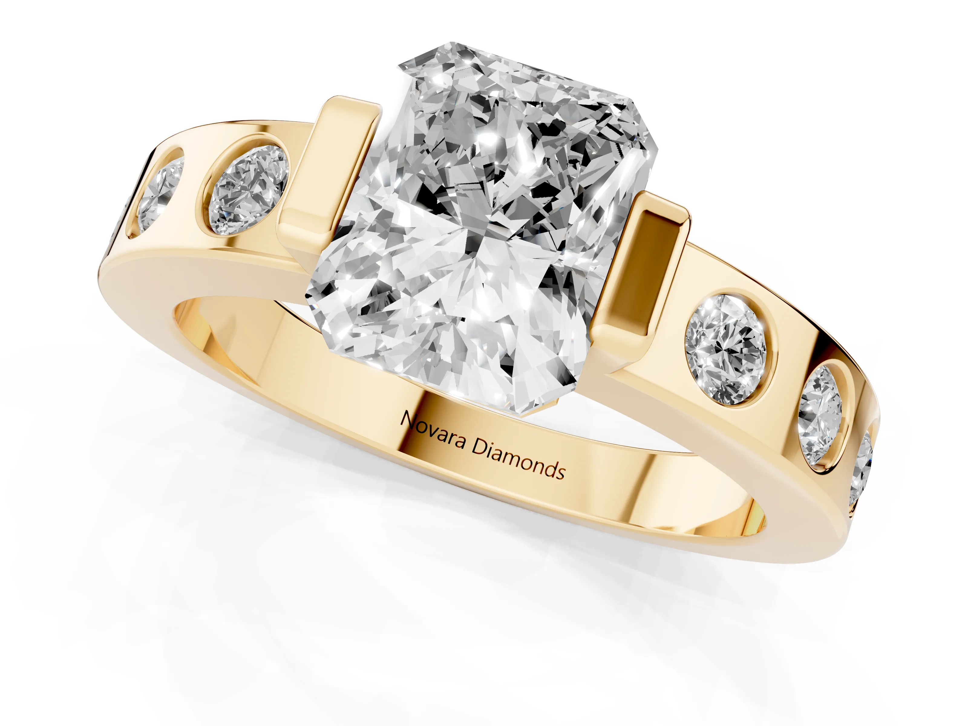 Radiant Cut Diamond Channel-Set Band Ring Set in Yellow gold with Bezel Prong Setting