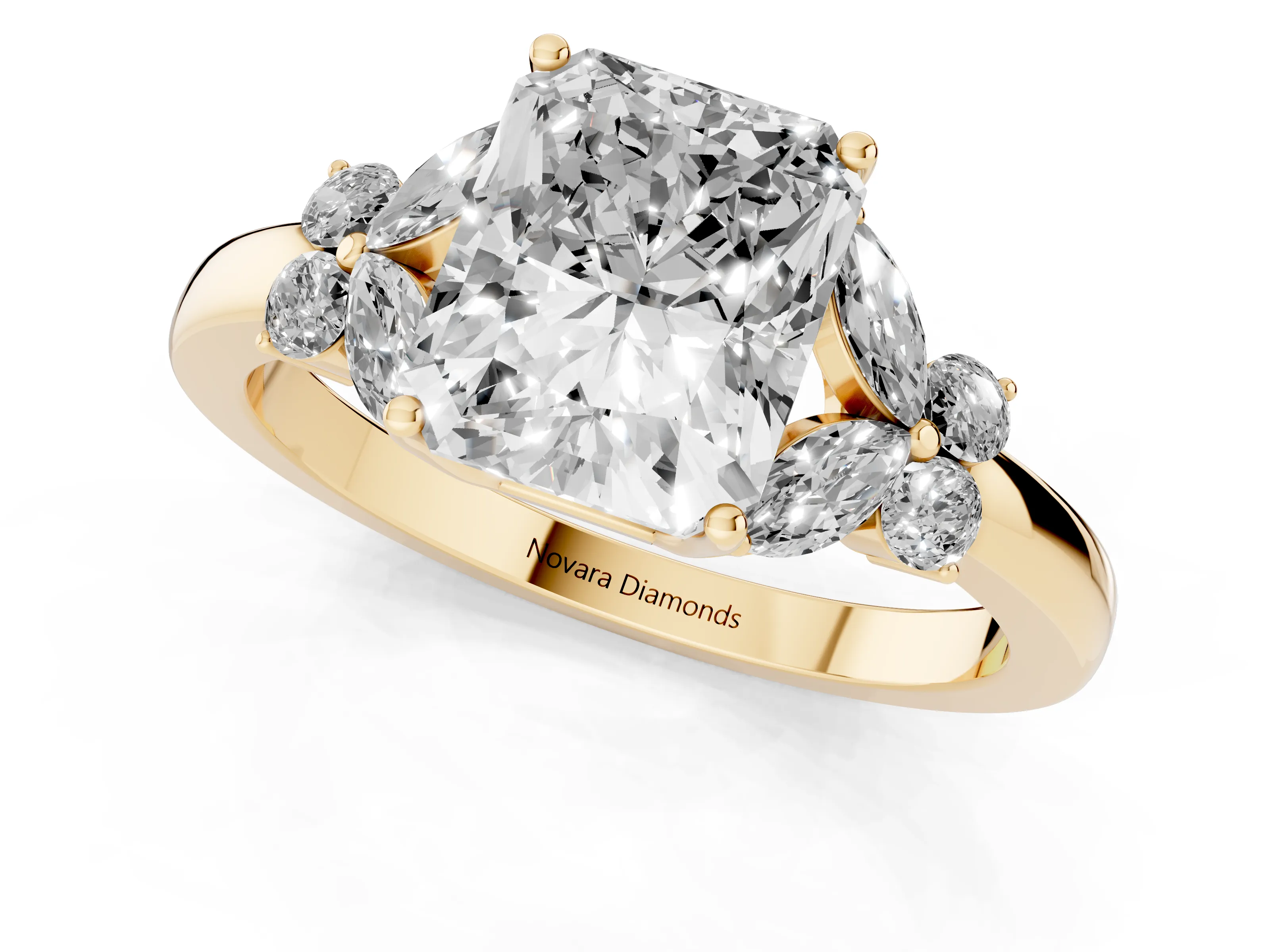Radiant Cut Diamond Solitaire Floral Ring Set in Yellow gold with Marquise Petals and Prong Setting – second view
