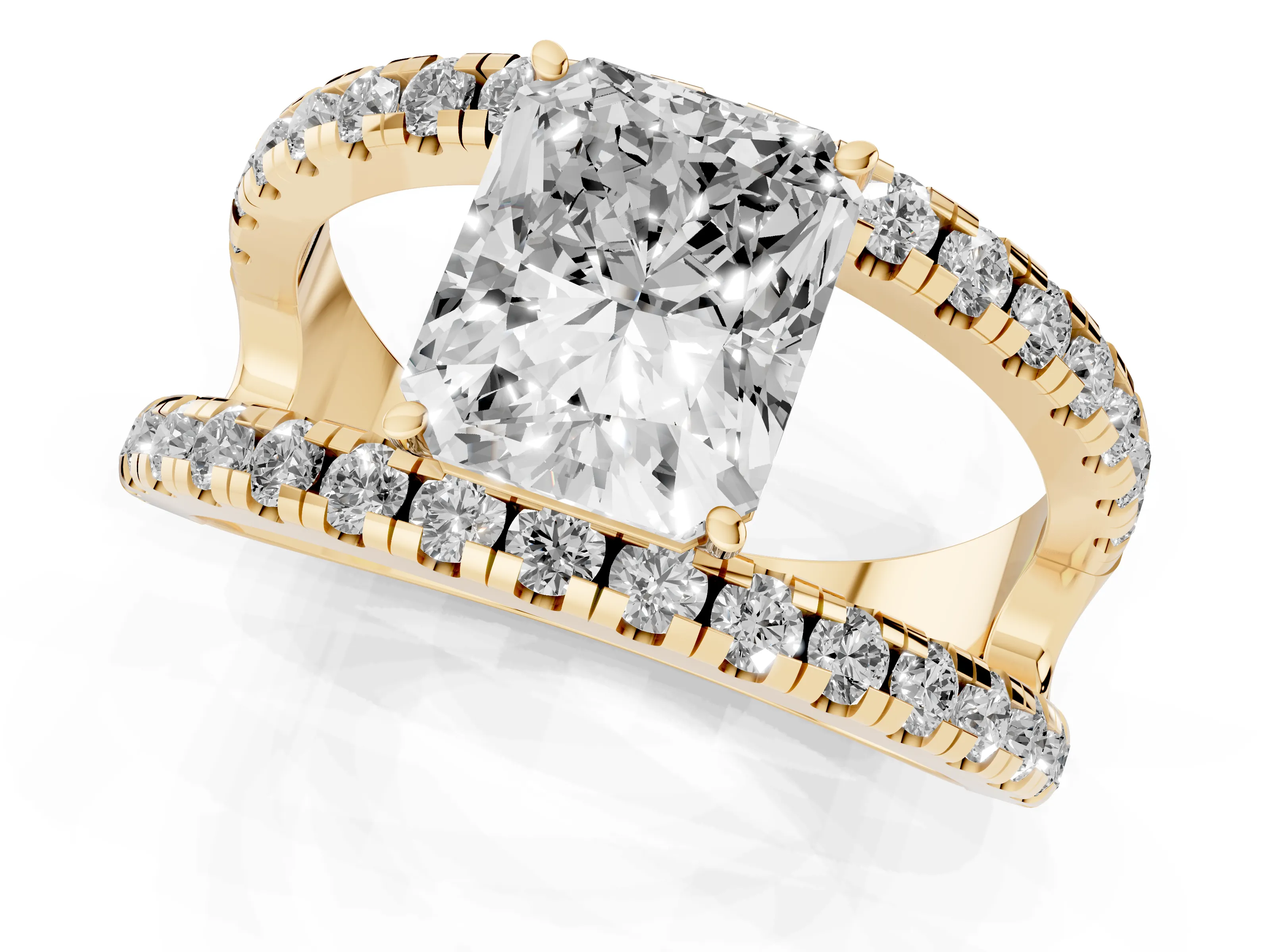 Radiant Cut Diamond Split Shank Pavé Solitaire Ring Set in Yellow gold with Open Shank Design