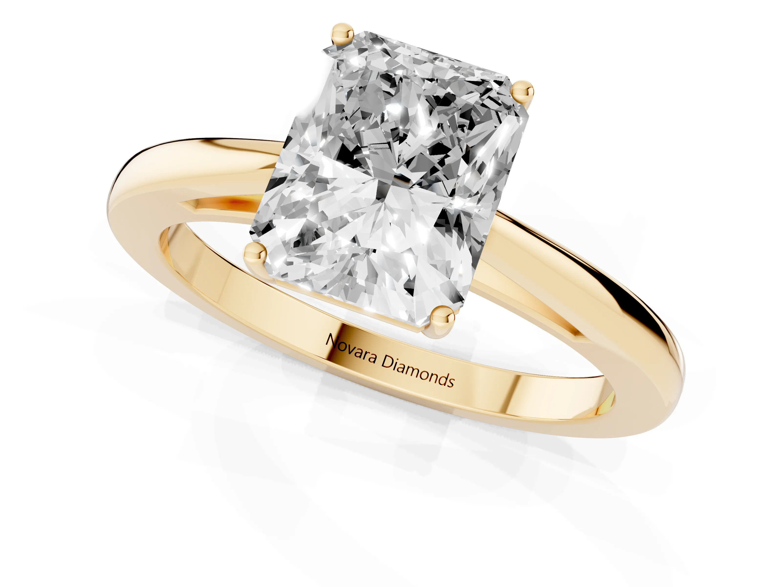 Radiant Cut Diamond Solitaire Ring Set in Yellow gold with Split Shank and Prong Setting