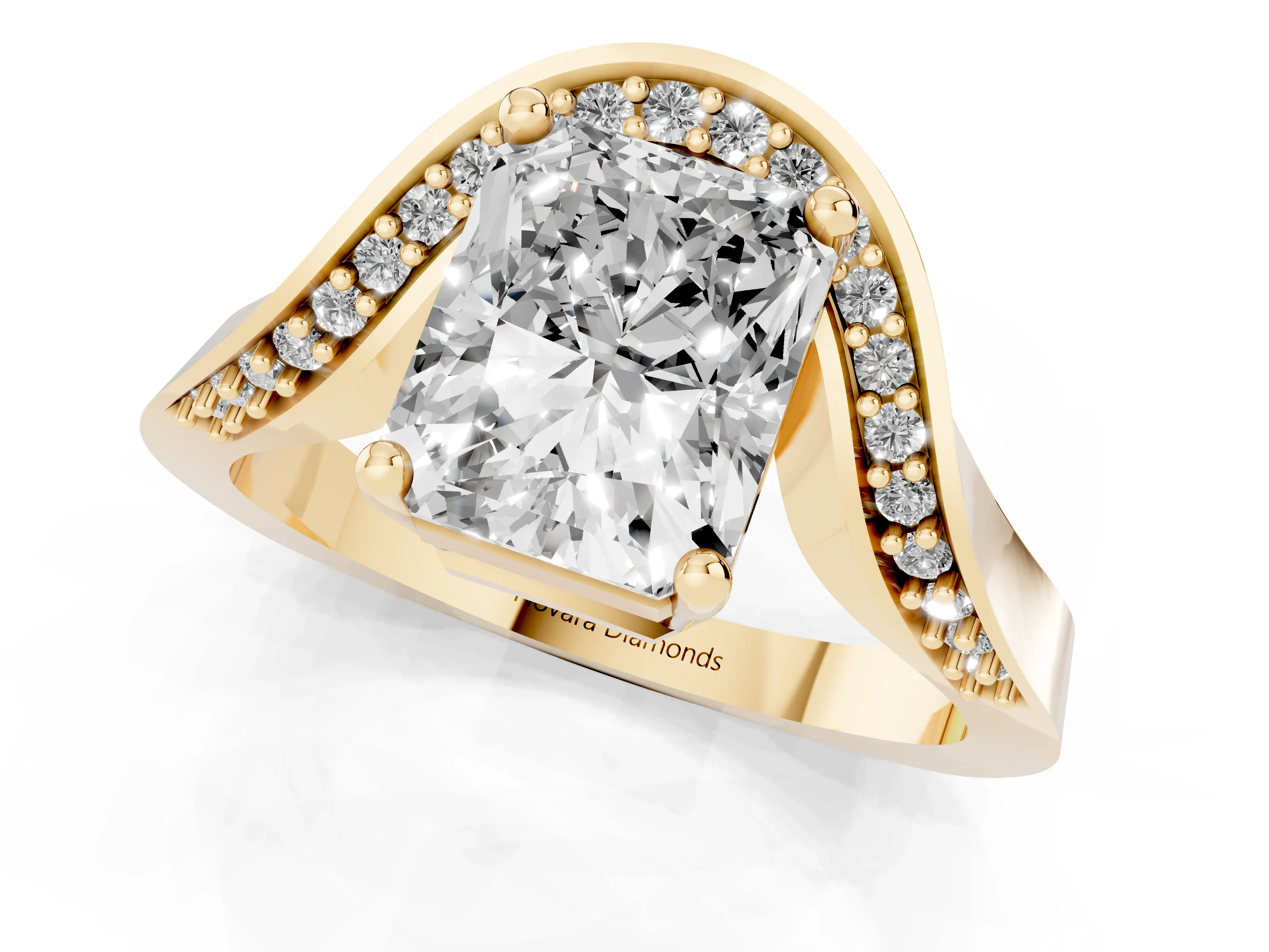 Radiant Cut Diamond Solitaire Engagement Ring Set in Yellow gold with Pavé Shoulders