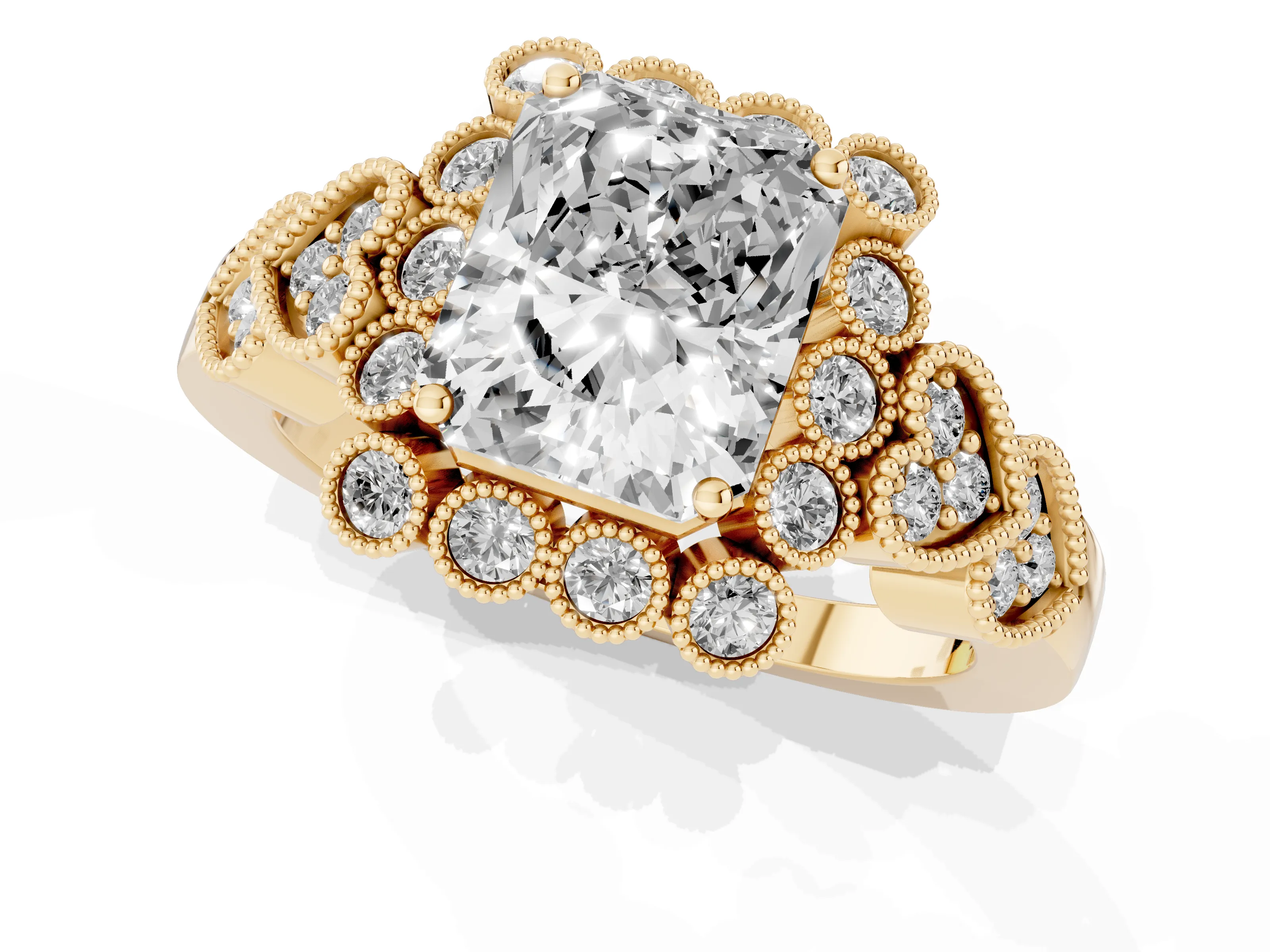 Radiant Cut Diamond Solitaire Ring Set in Yellow gold with Milgrain Pavé Heart Band