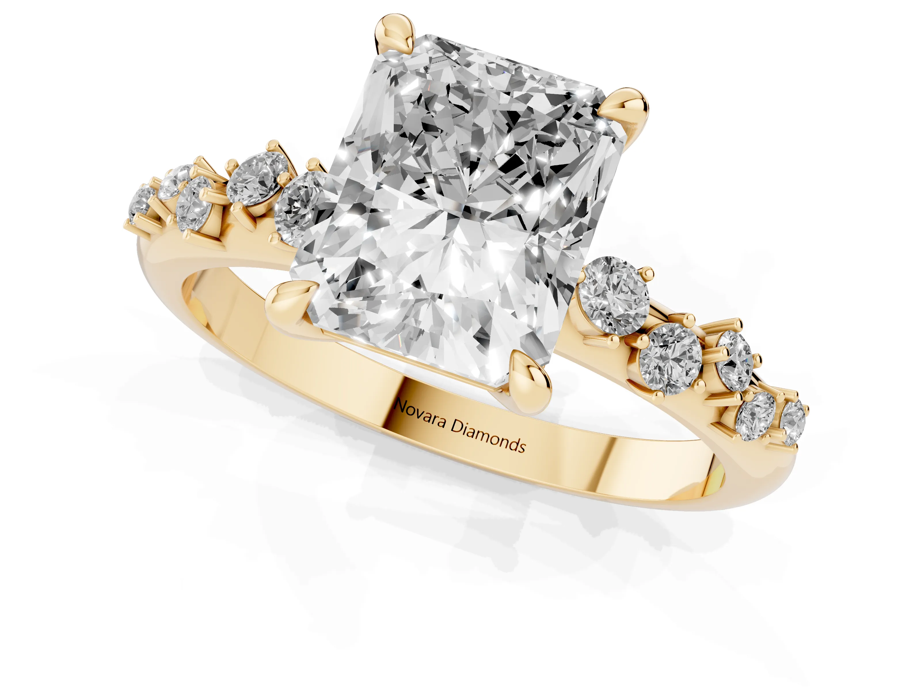 Radiant Cut Diamond Solitaire Vine Band Ring Set in Yellow gold with Round Accents and Prong Setting – second view