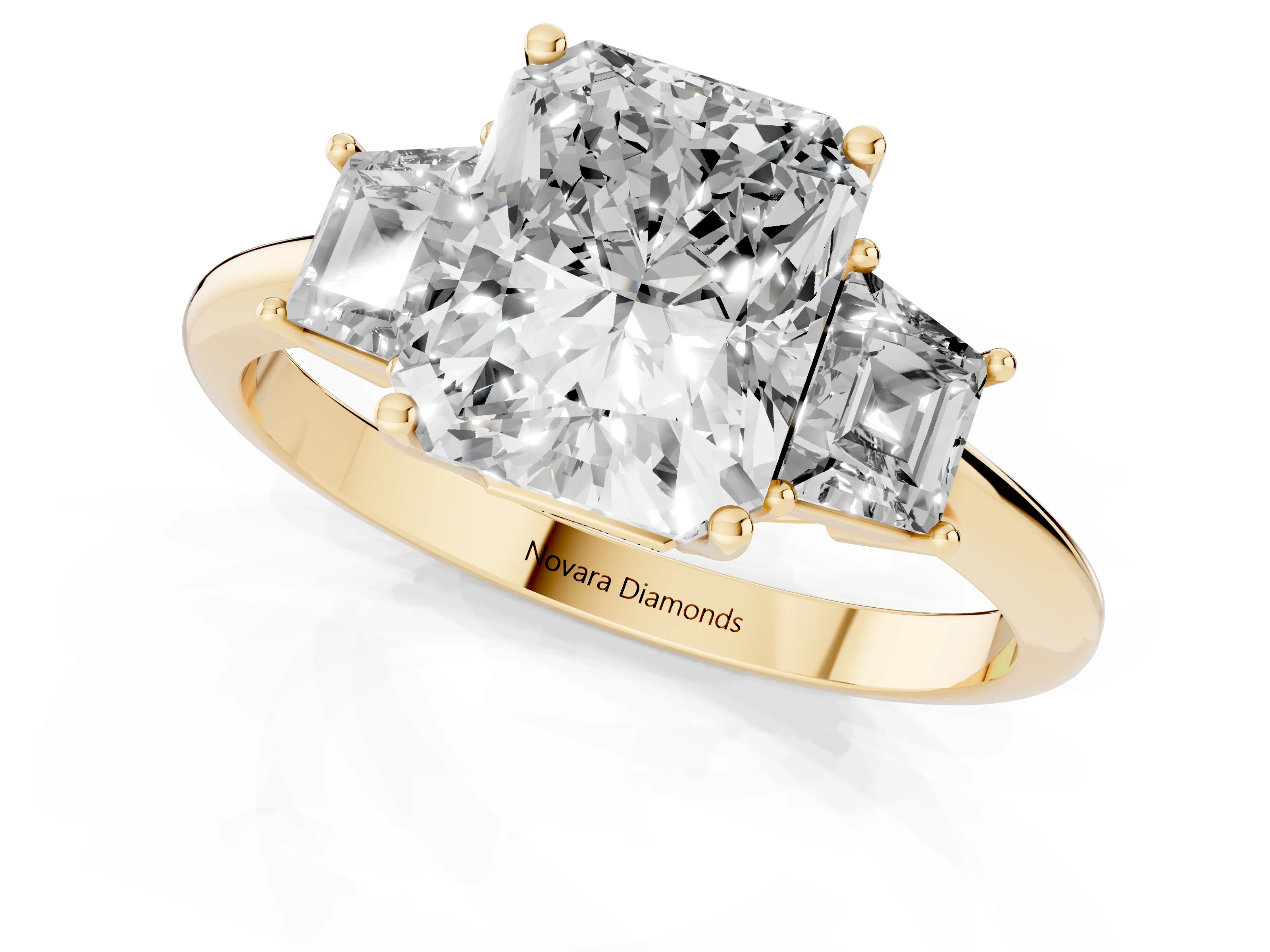 Radiant Cut Diamond Three-Stone Ring Set in Yellow gold with Trapezoid Side Stones and Prong Setting