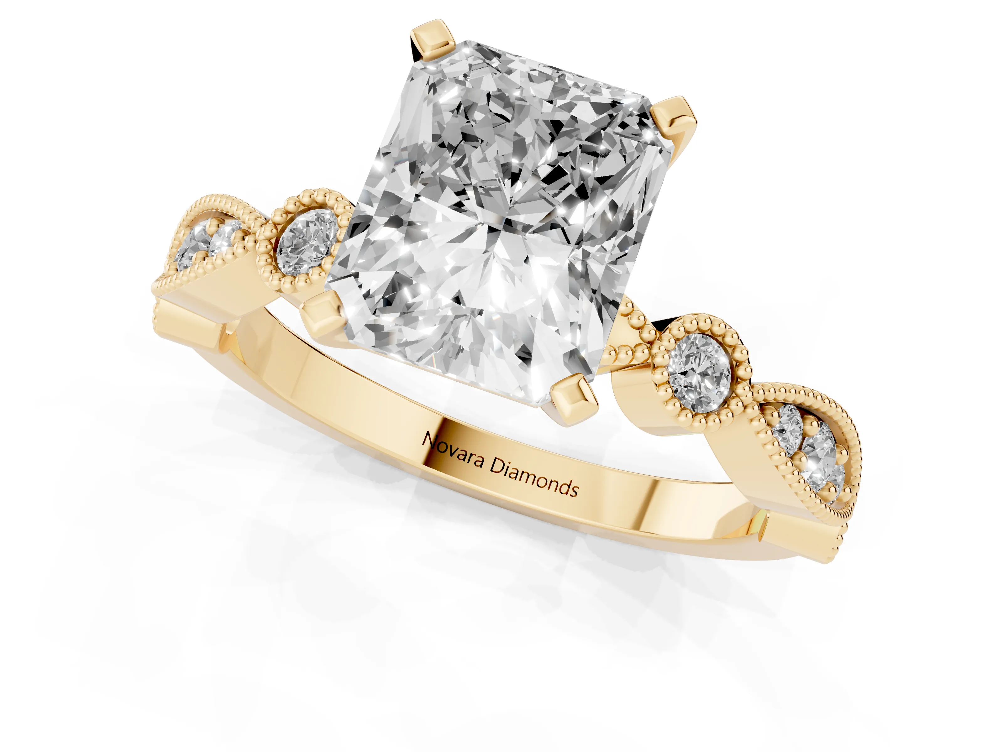 Radiant Cut Diamond Solitaire Engagement Ring Set in Yellow gold with Milgrain Bezel Accent Band
