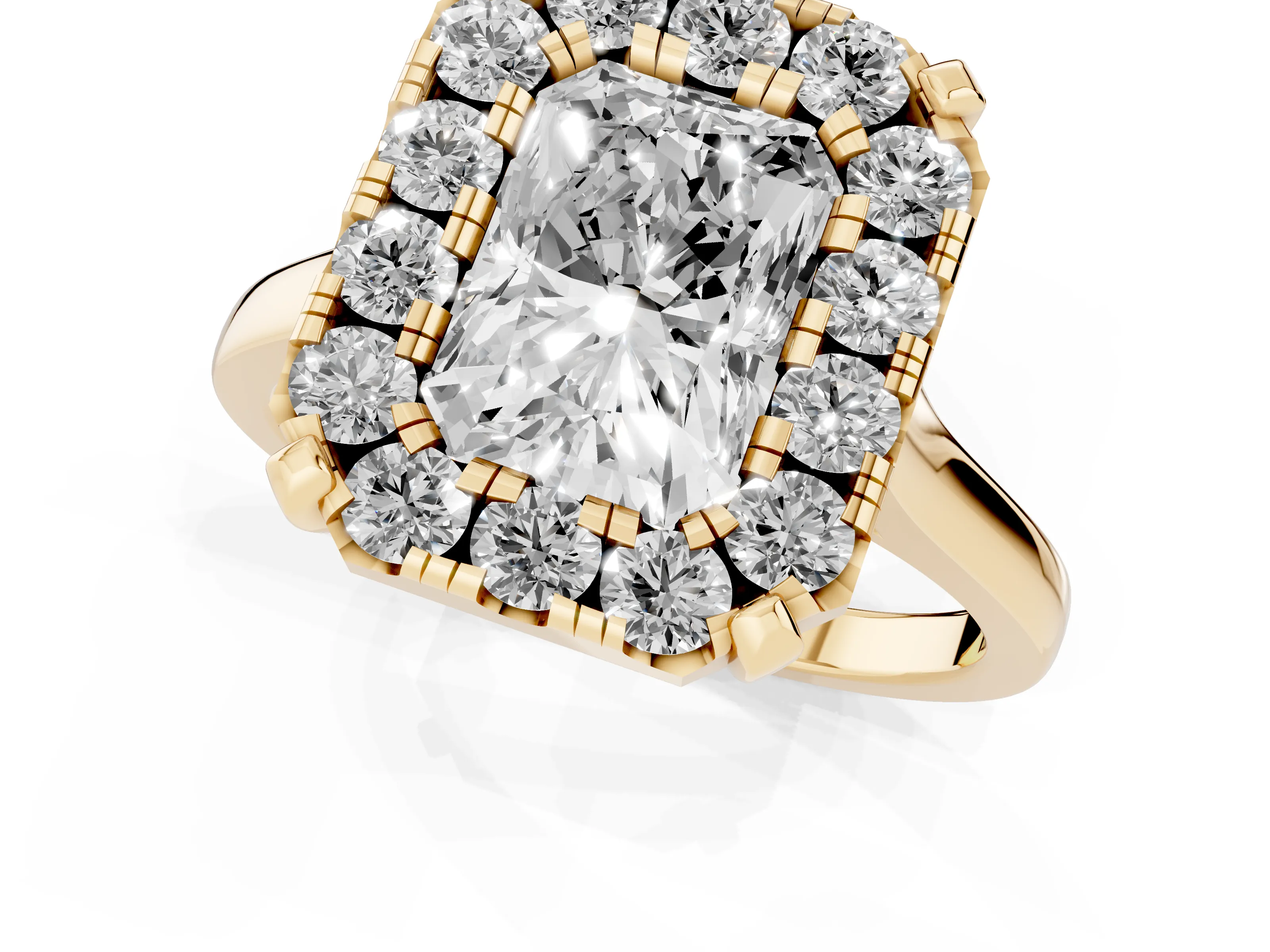 Radiant Cut Diamond Cluster Halo Solitaire Ring Set in Yellow gold with Prong Setting – second view
