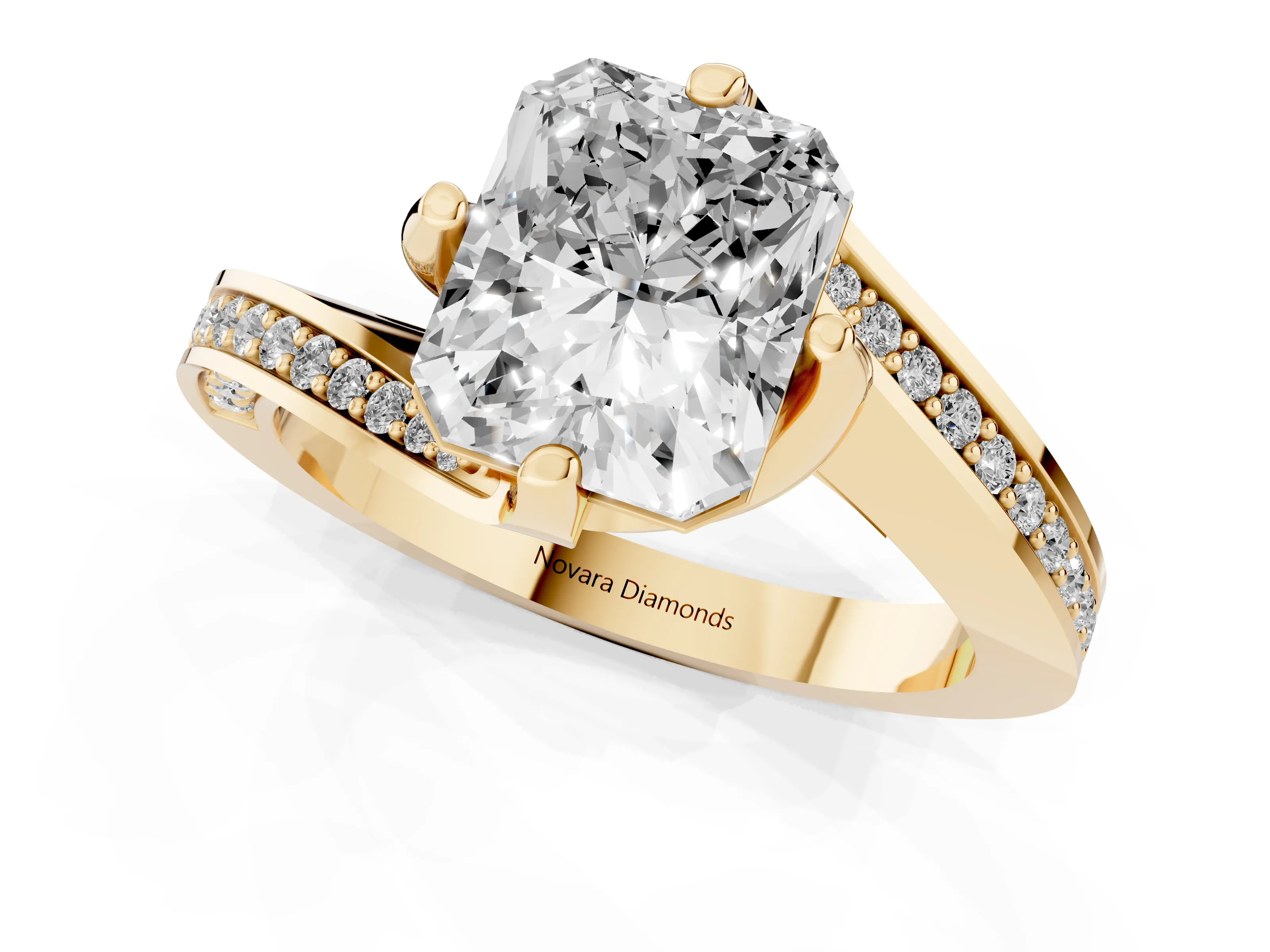 Radiant Cut Diamond Solitaire Ring Set in Yellow gold with Intertwined Pavé Twist Band
