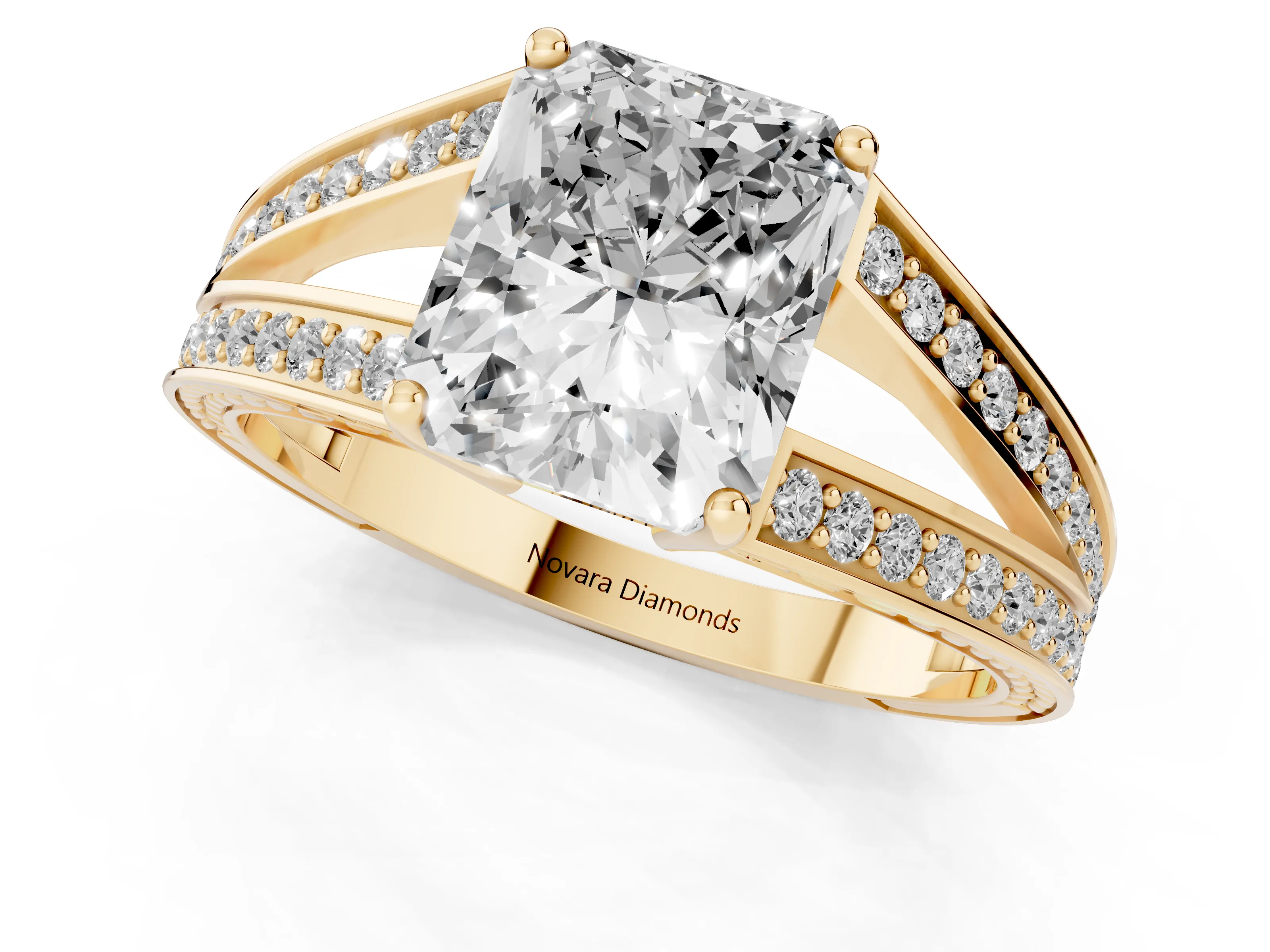 Radiant Cut Diamond Split Shank Ring Set in Yellow gold with Pavé Band and Prong Setting