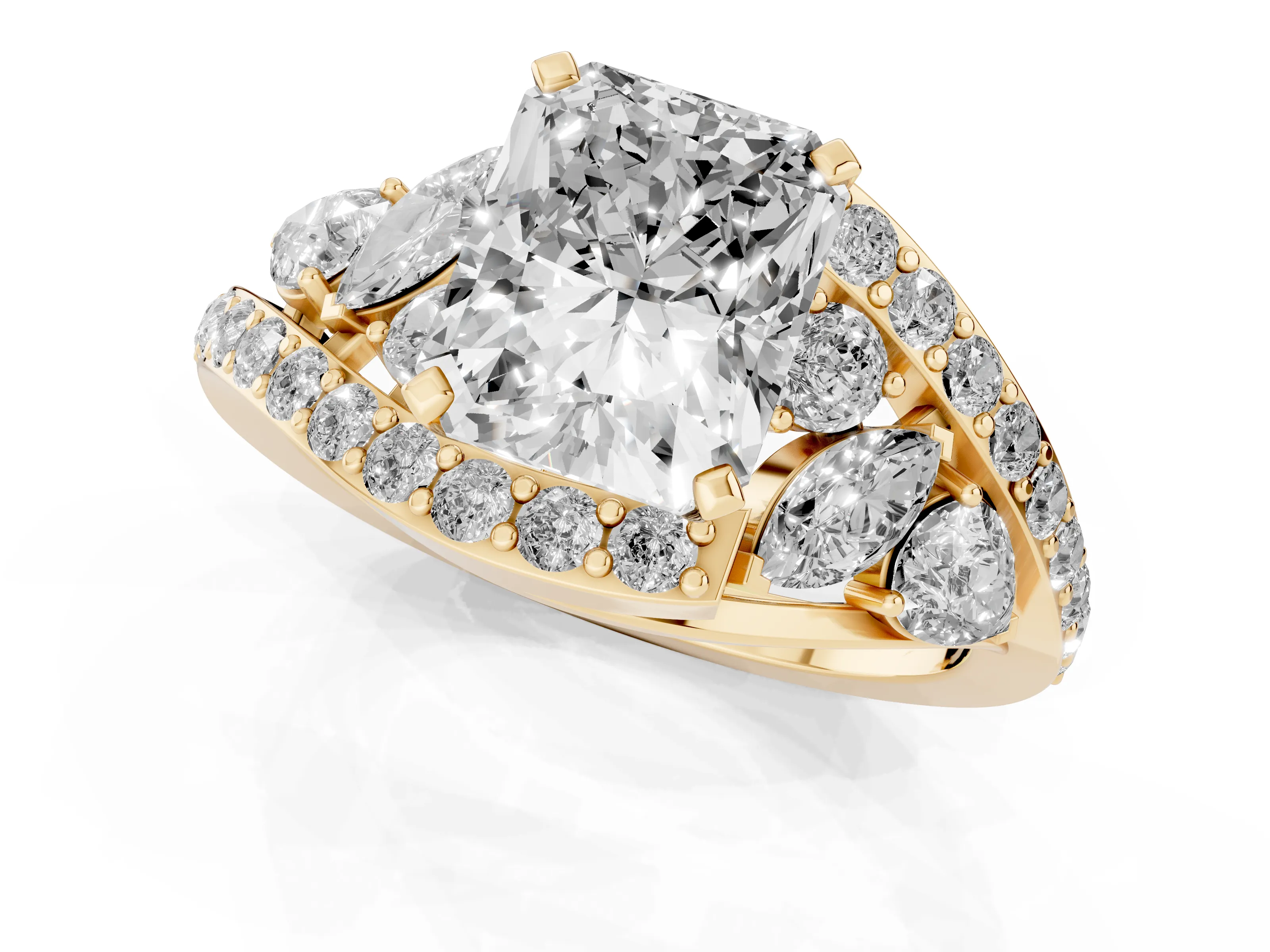 Radiant Cut Diamond Halo Ring Set in Yellow gold with Marquise and Pavé Band in Prong Setting