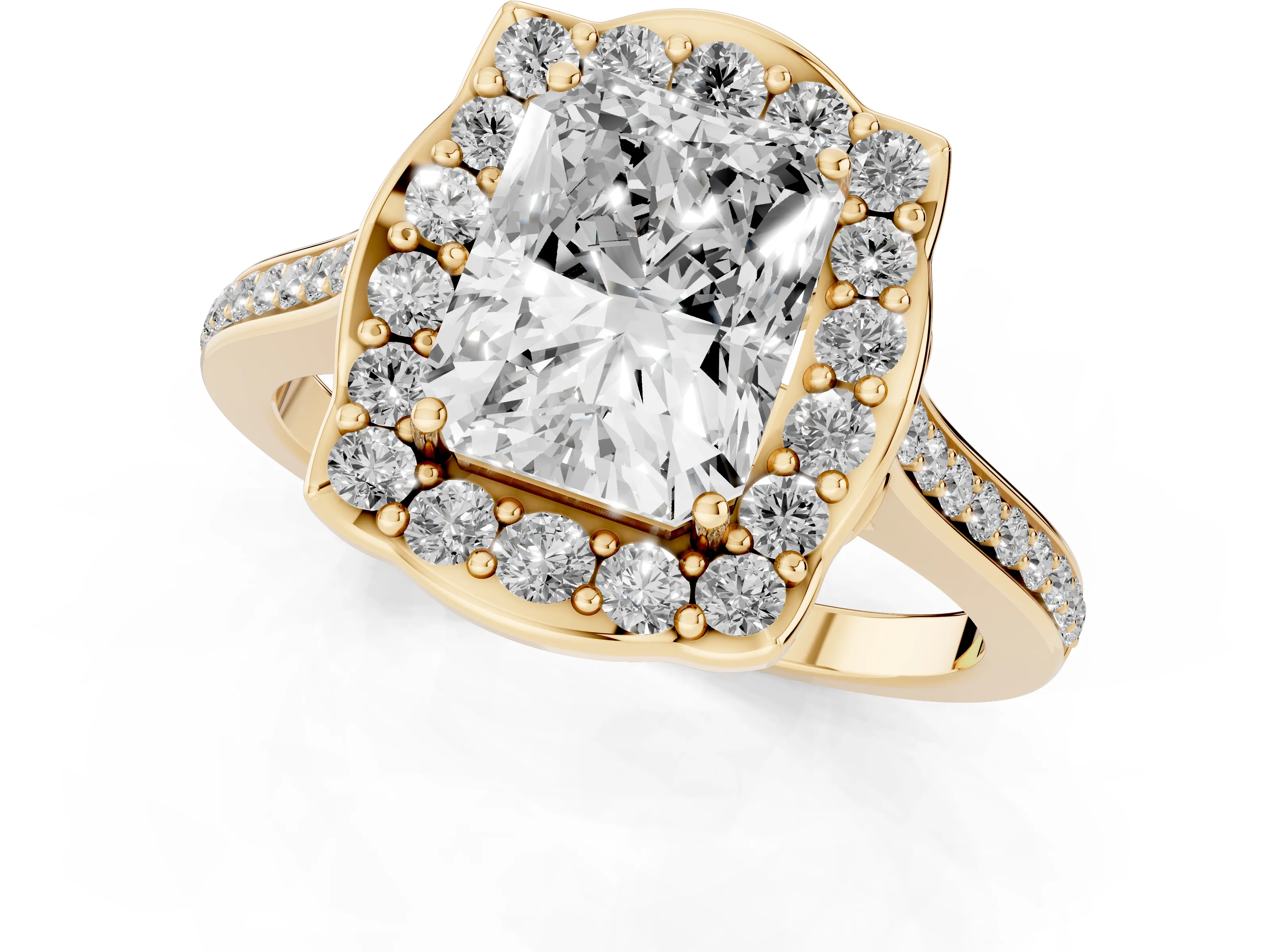 Radiant Cut Diamond Halo Ring Set in Yellow gold with Pavé-Lined Shoulders and Prong Setting