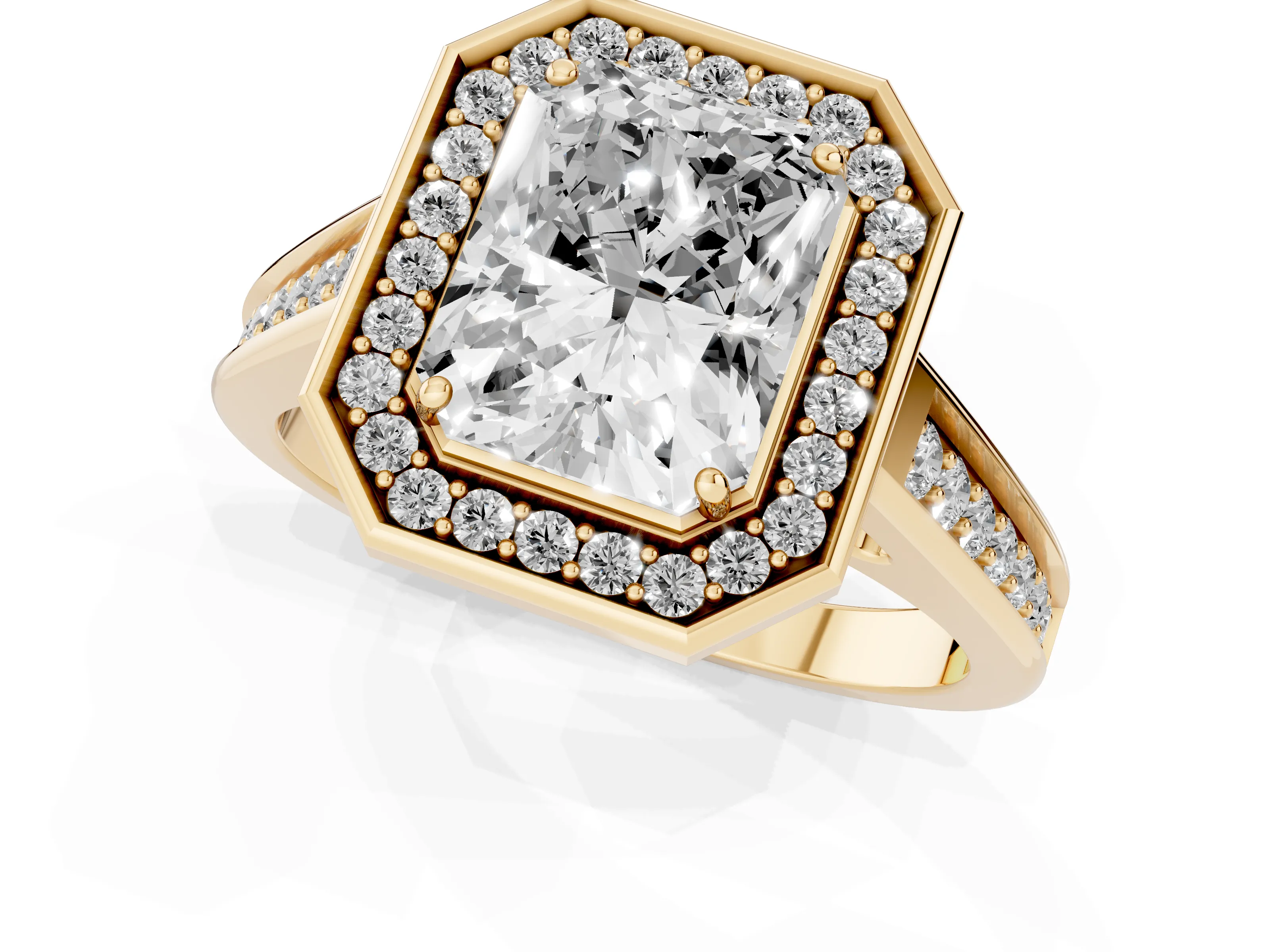 Radiant Cut Diamond Halo Solitaire Ring Set in Yellow gold with Pavé Band and Bezel Setting – second view