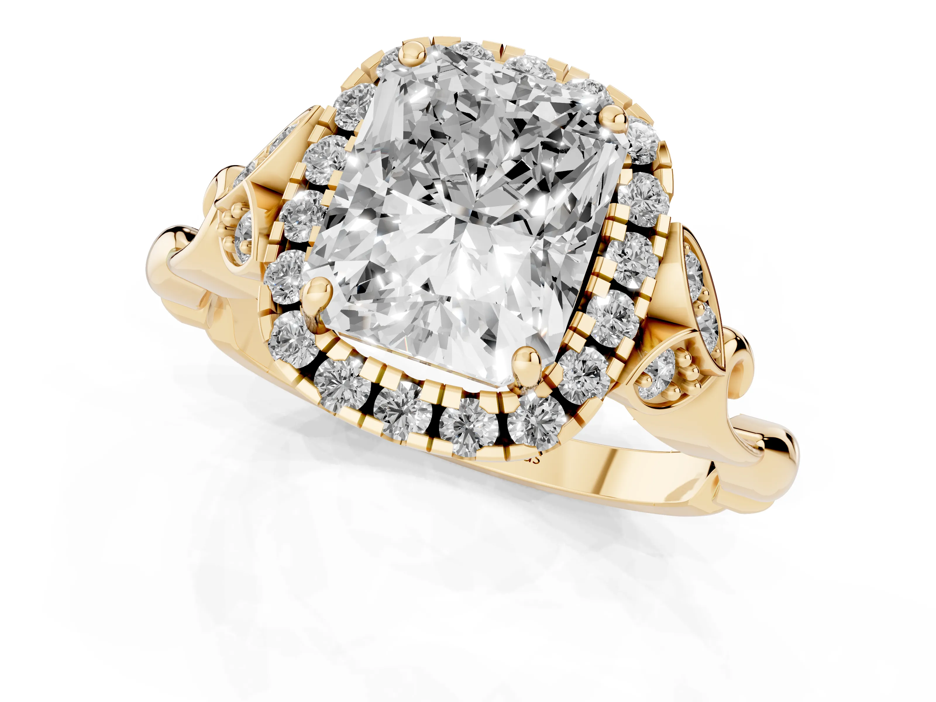 Radiant Cut Diamond Halo Engagement Ring Set in Yellow gold with Vintage-Inspired Band and Prong Setting