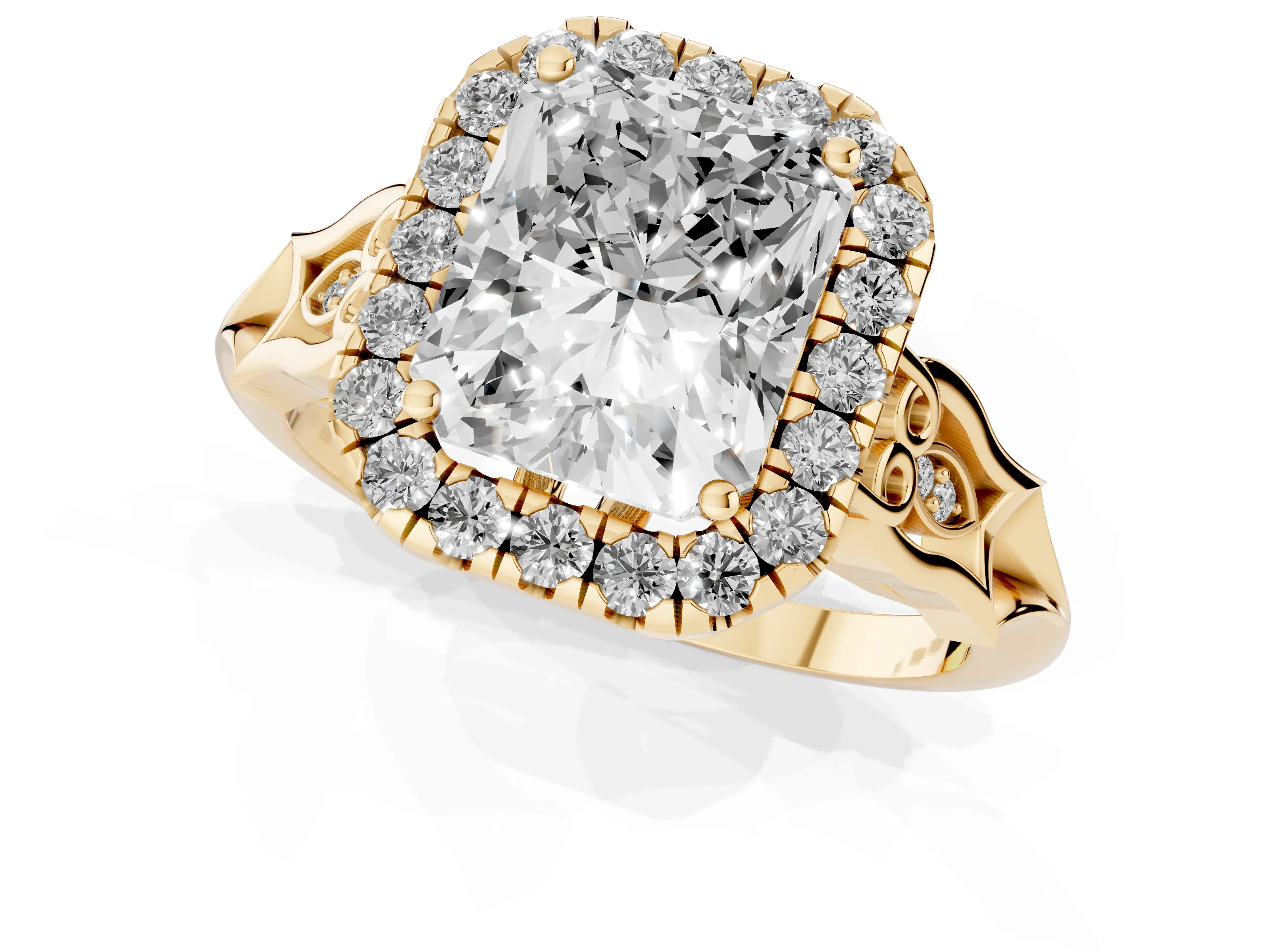 Radiant Cut Diamond Halo Engagement Ring Set in Yellow gold with Filigree Band and Prong-Set Center