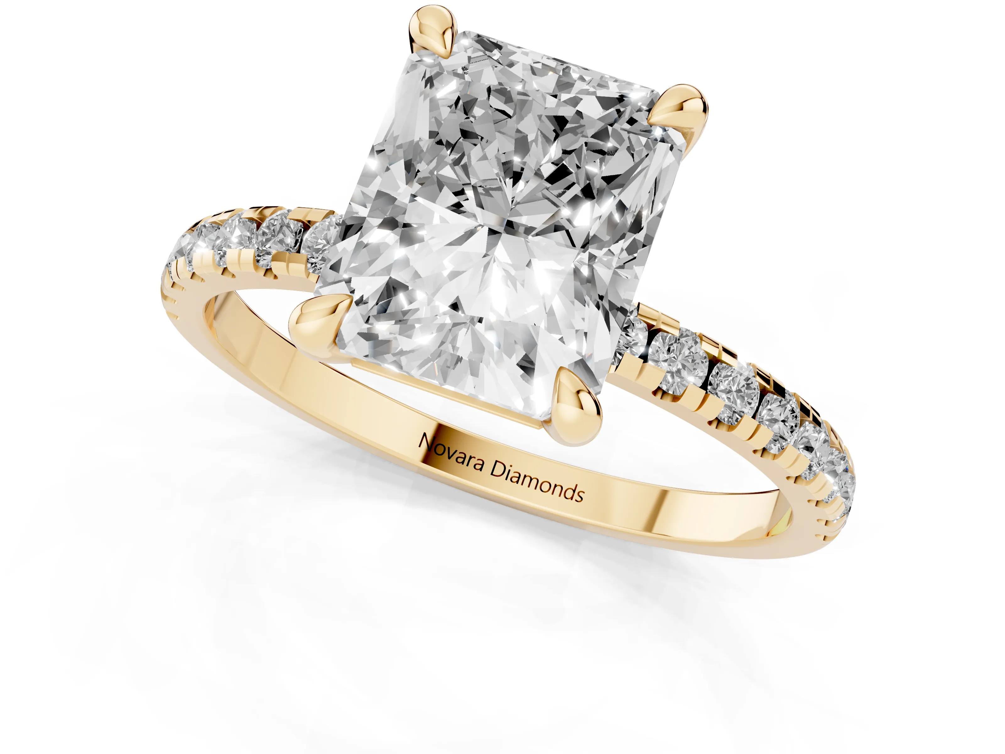 Radiant Cut Diamond Brilliant Solitaire Ring Set in Yellow gold with Pavé Band and Prong Setting