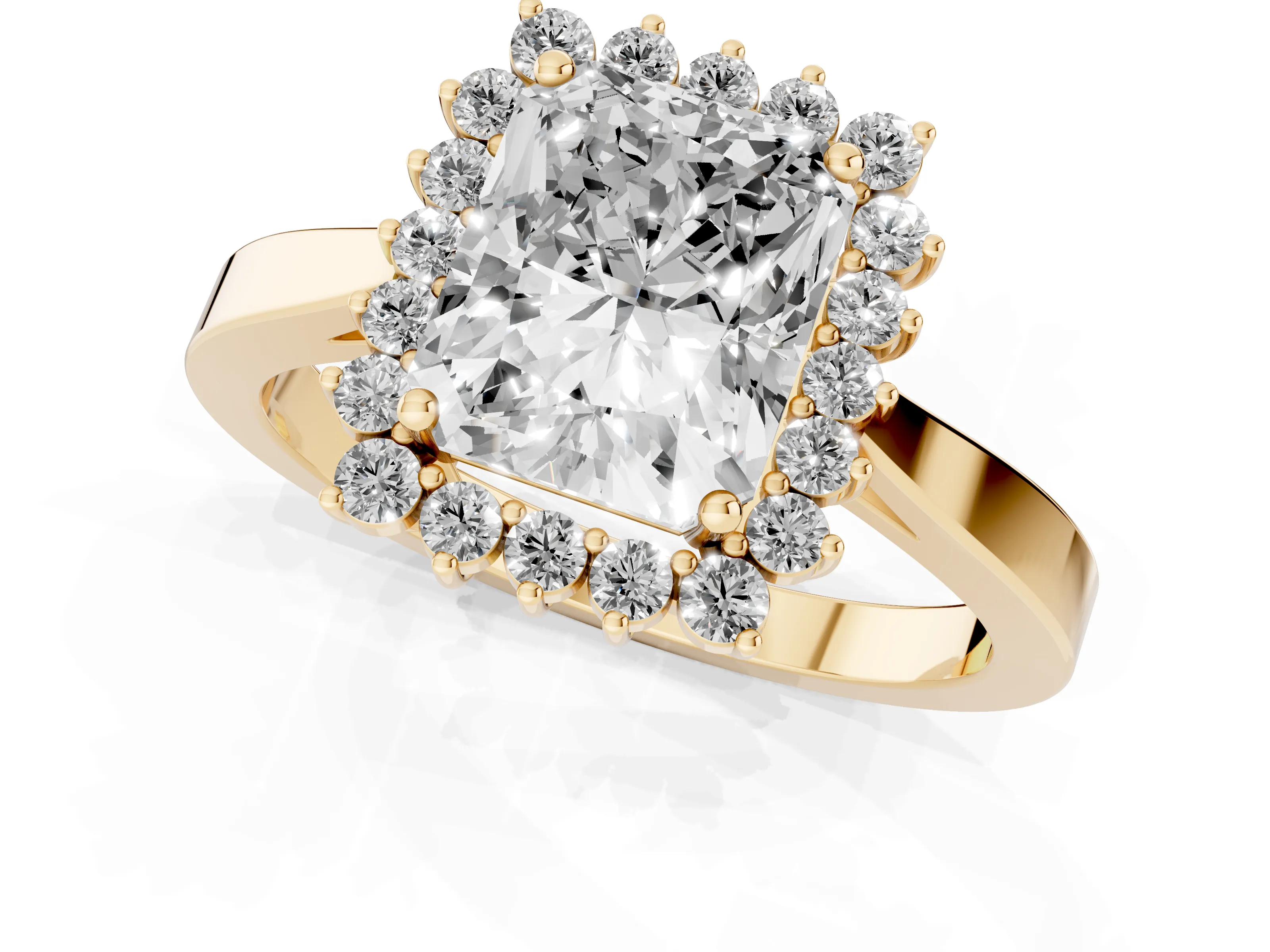 Radiant Cut Diamond Halo Ring Set in Yellow gold with Round Halo and Smooth Solitaire Band