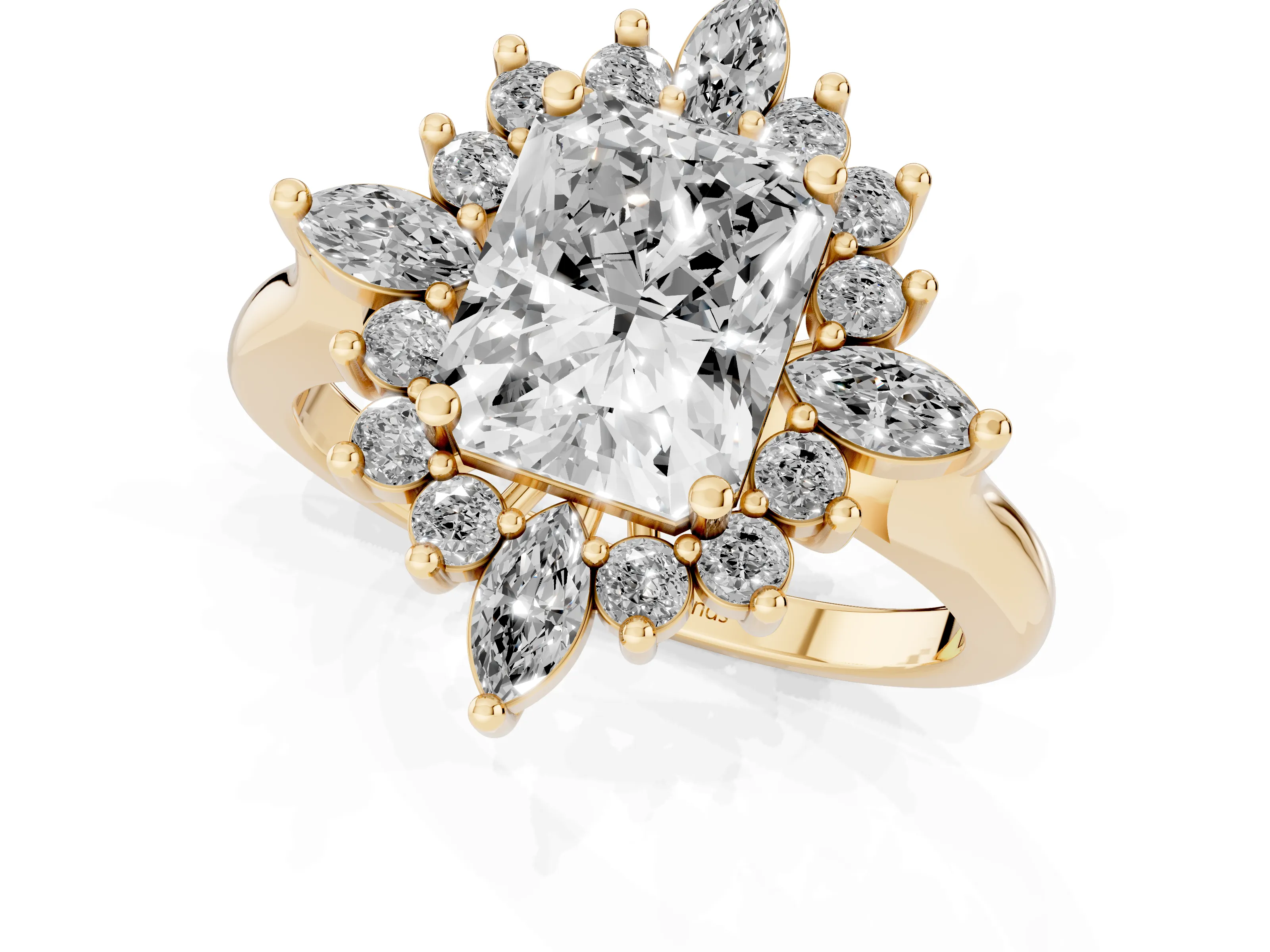 Radiant Cut Diamond Cluster Halo Ring Set in Yellow gold with Marquise and Round Accents