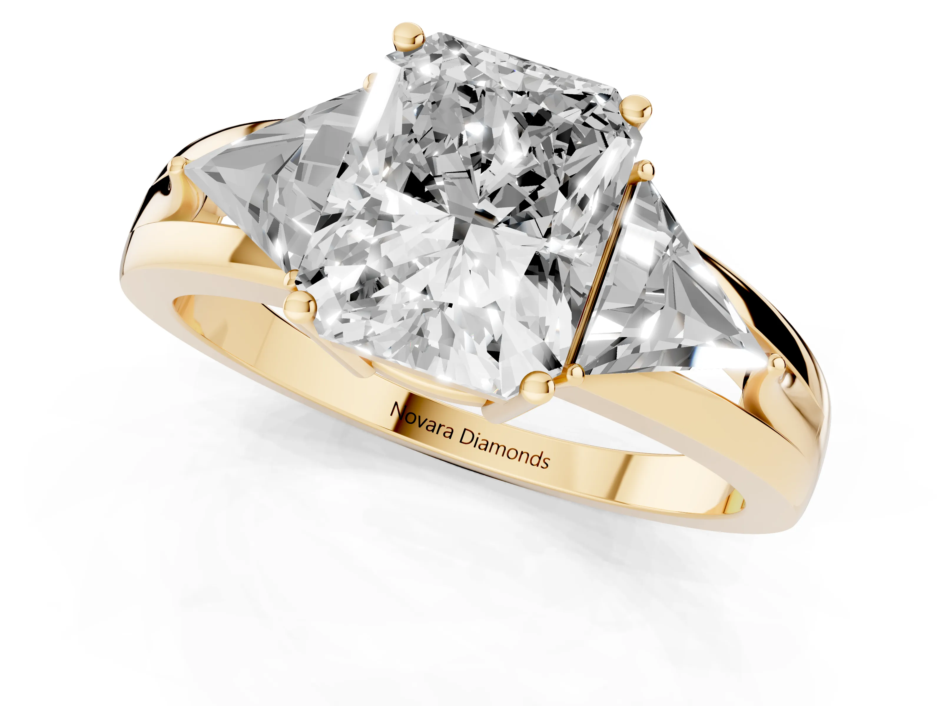 Radiant Cut Diamond Three-Stone Ring Set in Yellow gold with Trillion Side Stones and Split Shank