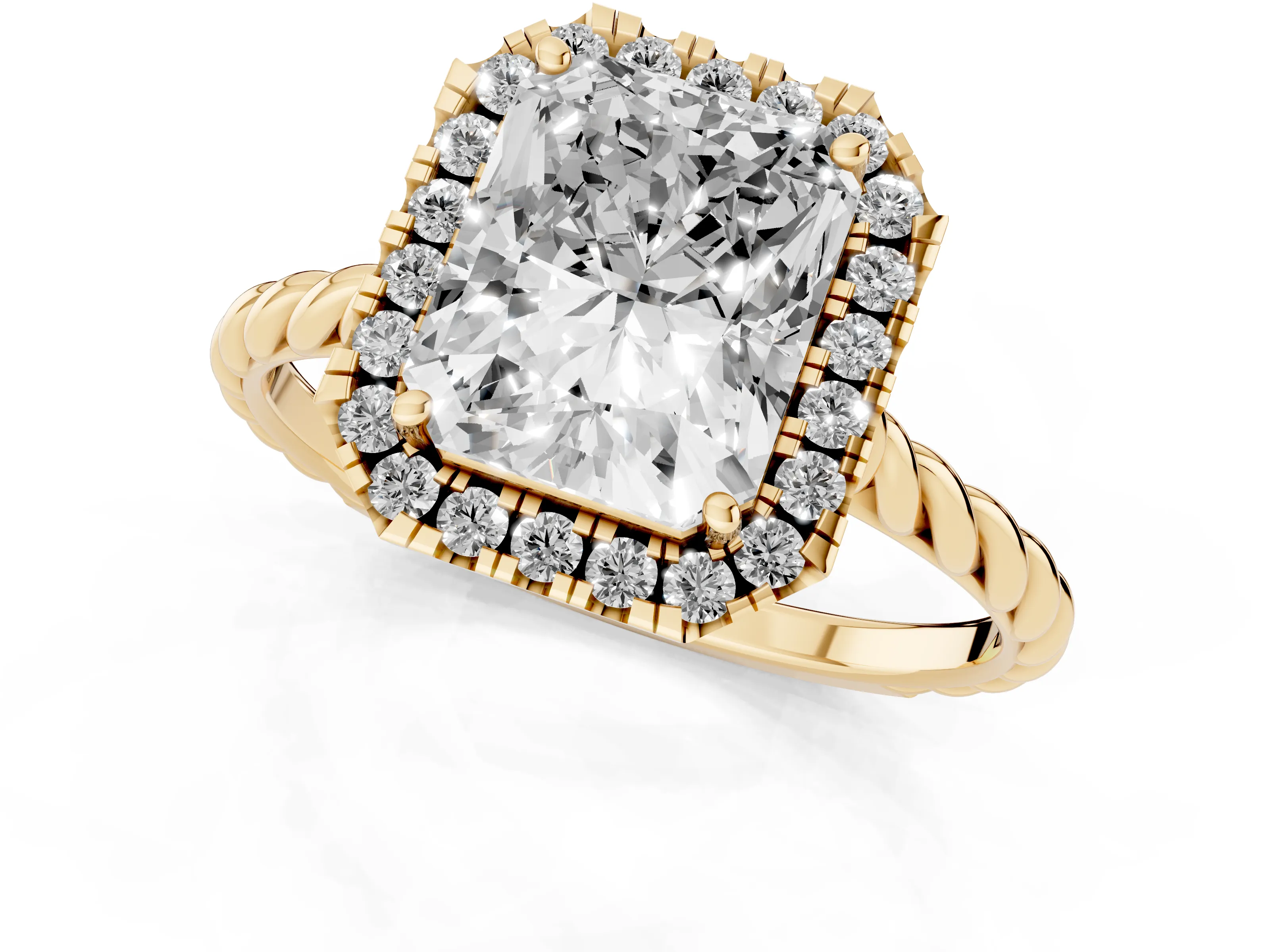 Radiant Cut Diamond Halo Ring Set in Yellow gold with Plain Twisted Band