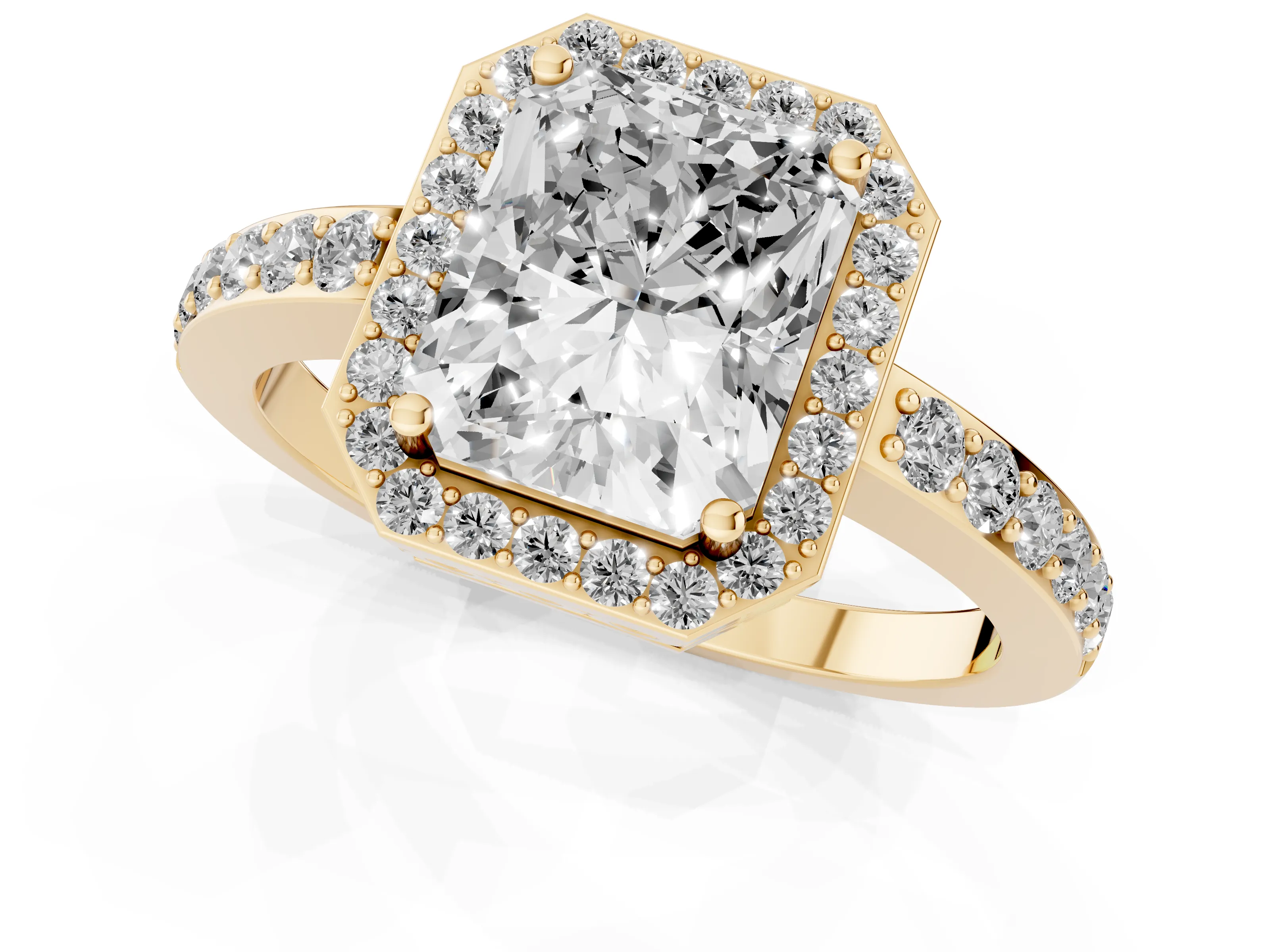 Radiant Cut Diamond Halo Ring Set in Yellow gold with Pavé-Setting Band and Open Prong Center