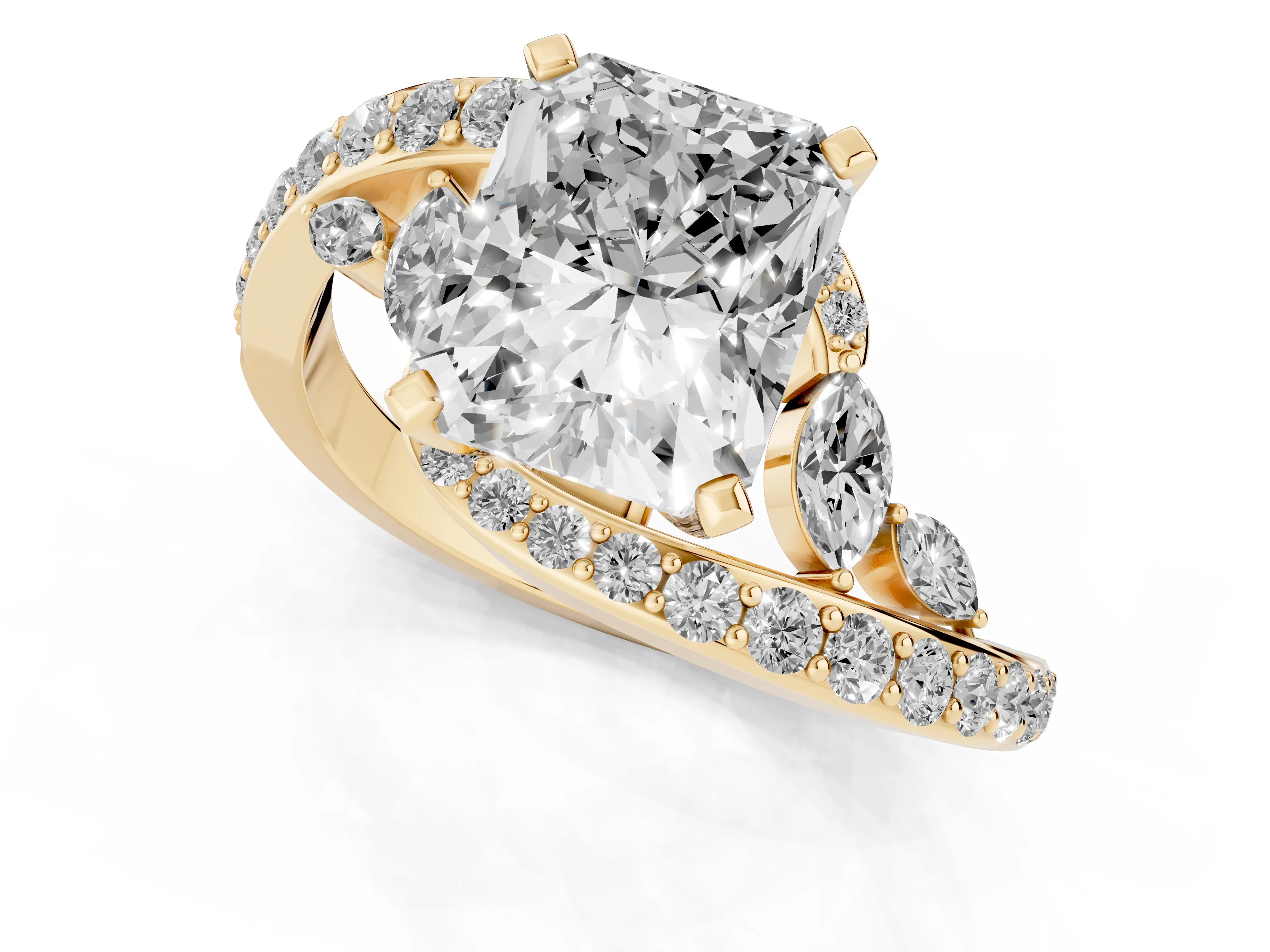 Radiant Cut Diamond Solitaire Ring Set in Yellow gold with Pavé Twist Band and Secure Prong Setting