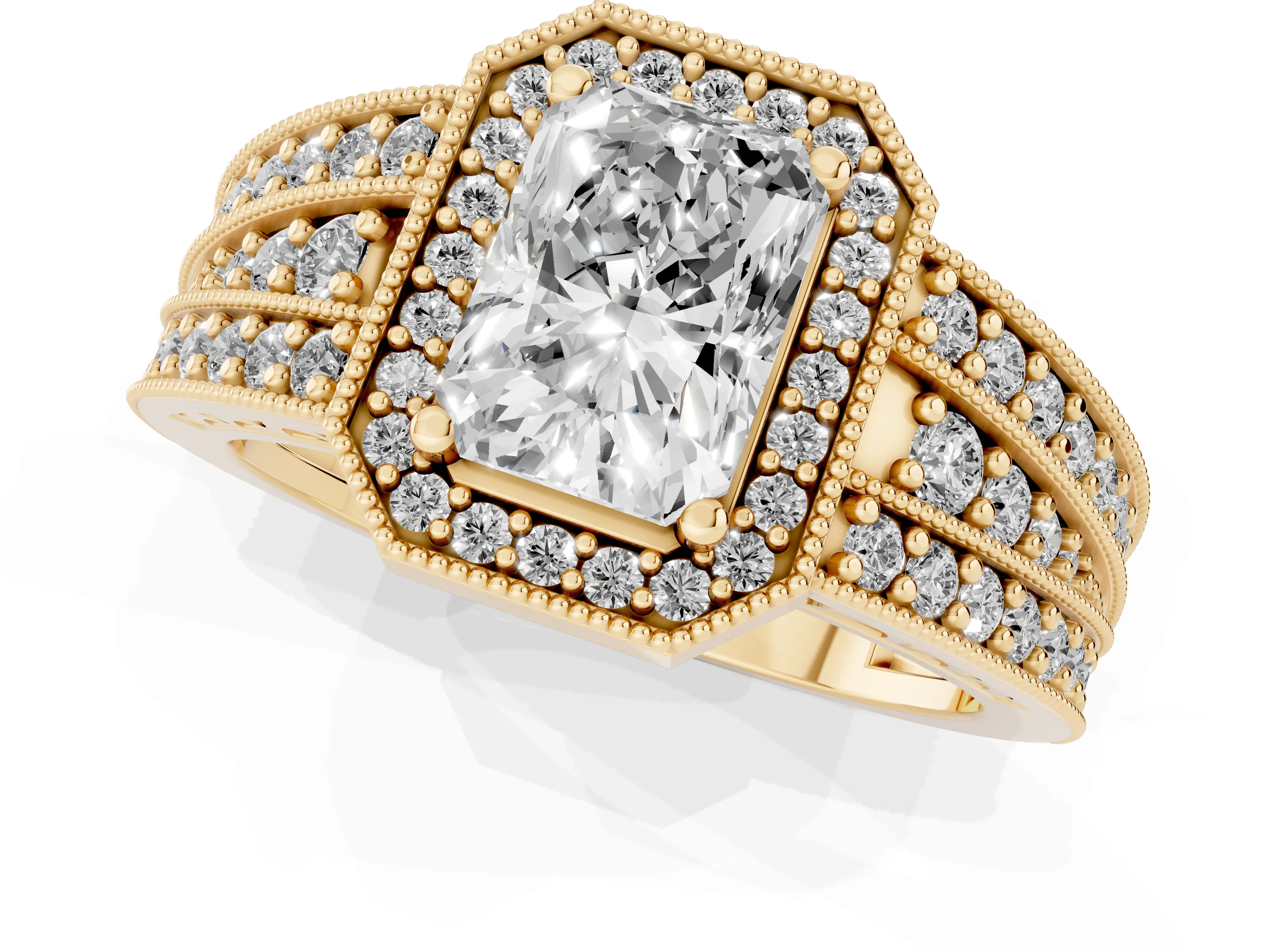 Radiant Cut Diamond Halo Ring Set in Yellow gold with Accent Split Shank and Prong Setting