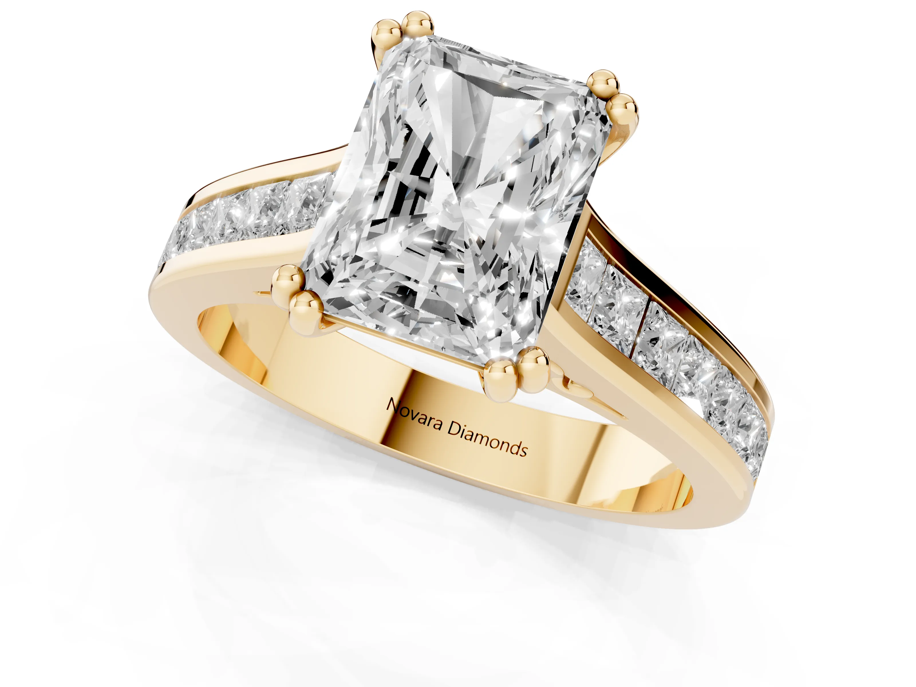 Radiant Cut Diamond Channel Set Solitaire Engagement Ring Set in Yellow gold with Prong Setting