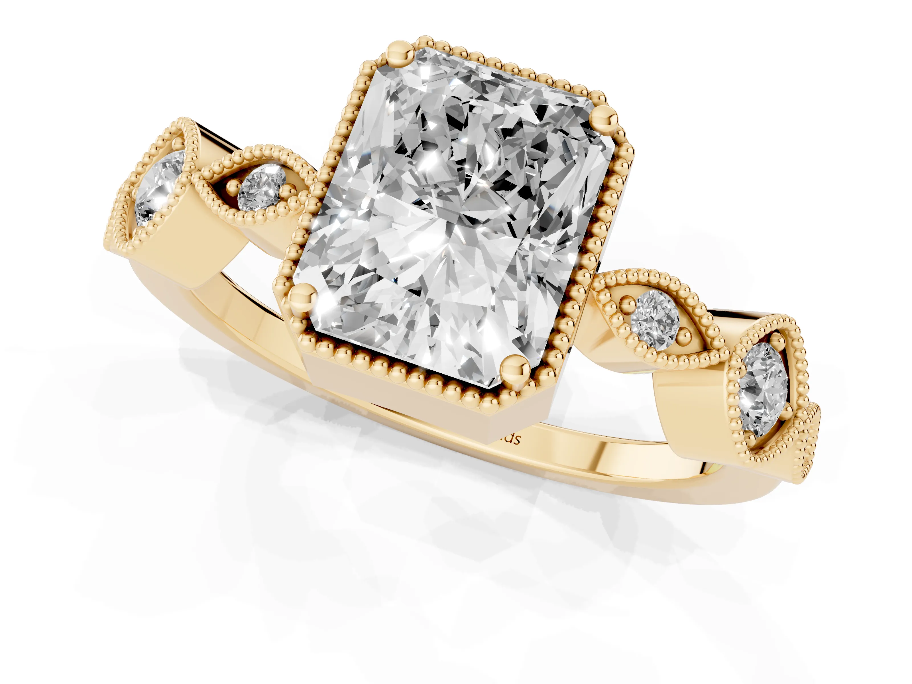 Radiant Cut Diamond Vintage-Inspired Milgrain Ring Set in Yellow gold with Marquise Stations of Round Accents