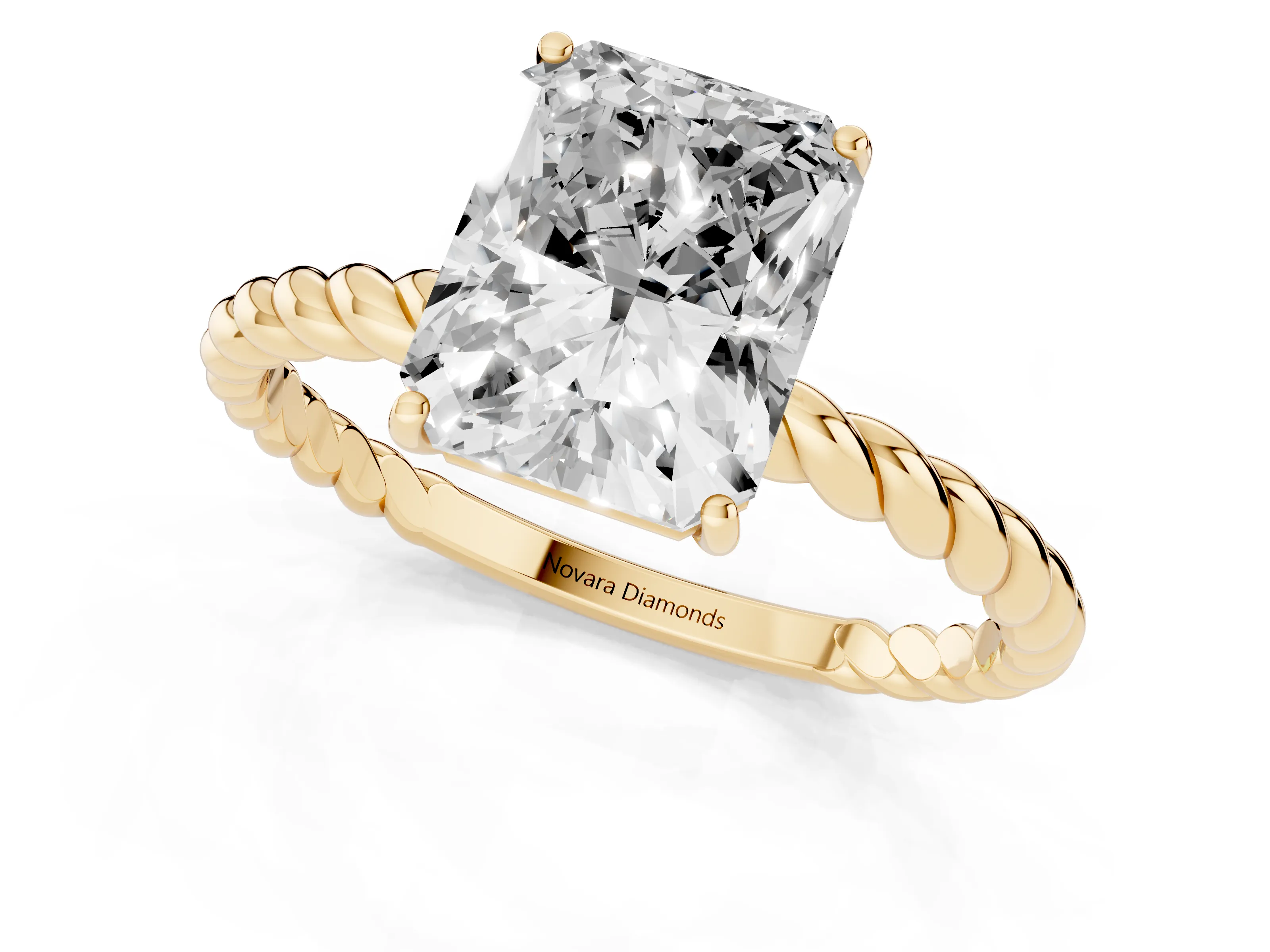 Radiant Cut Diamond Solitaire Ring Set in Yellow gold with Twist Band and Prong Setting