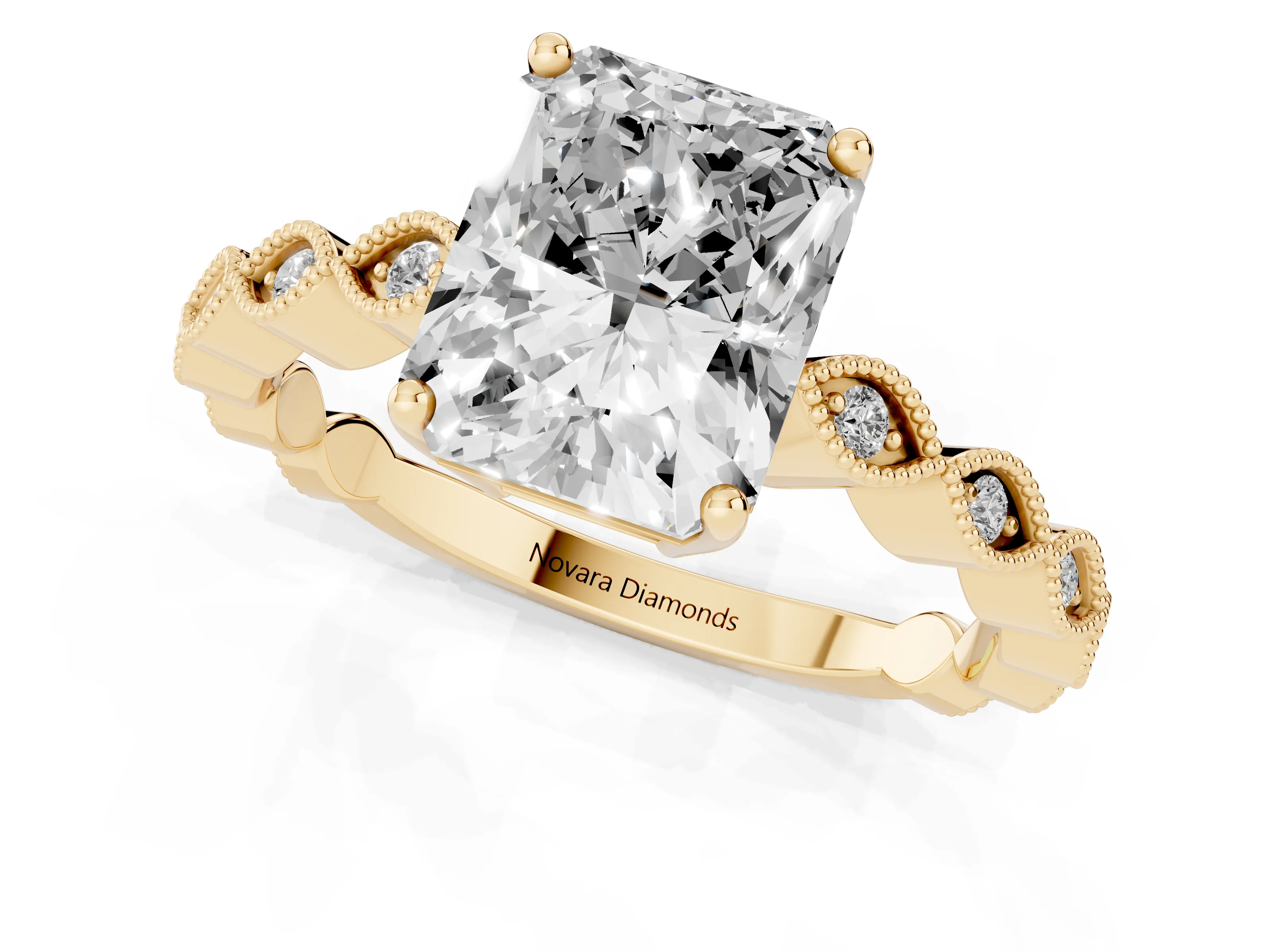 Radiant Cut Diamond Solitaire Ring Set in Yellow gold with Infinity Twist Pavé Band